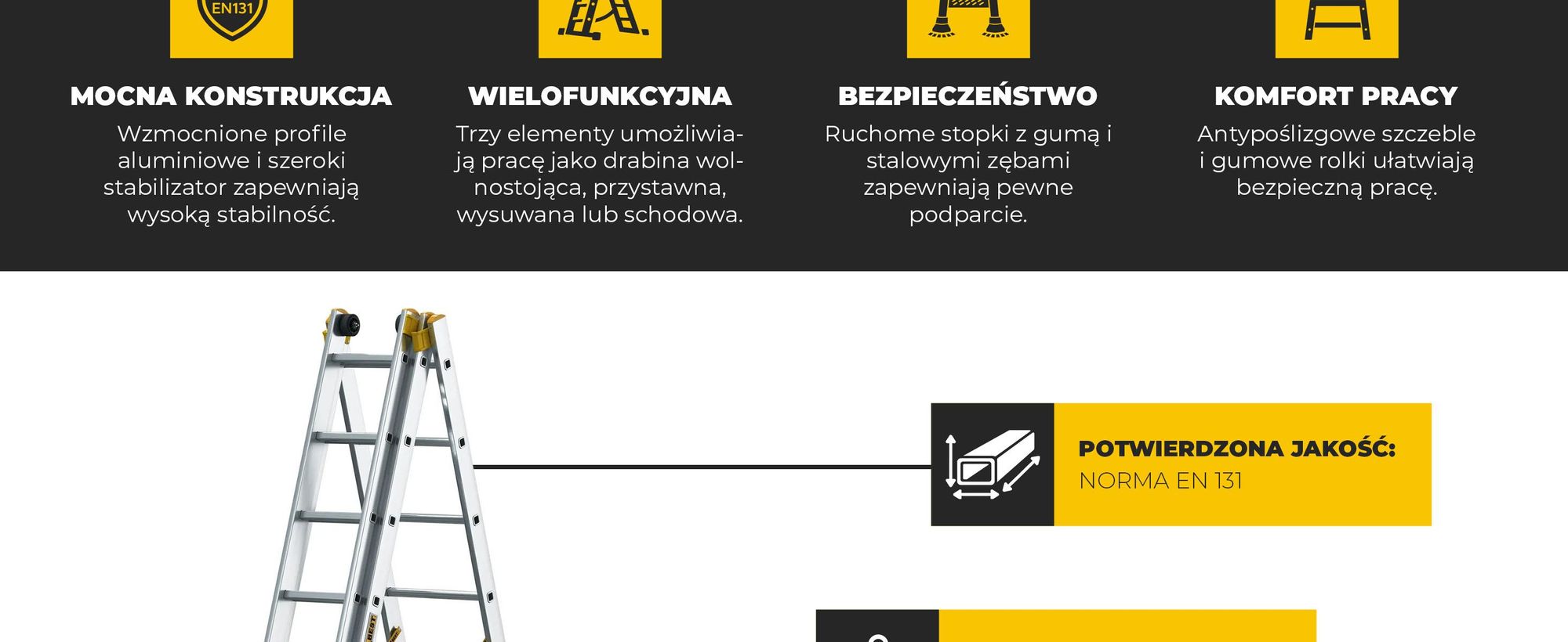 Drabest | Drabina aluminiowa wielofunkcyjna, 3x11, składana 3-segmentowa, wysokość robocza 8,34 m, udźwig 150 kg, EN 131