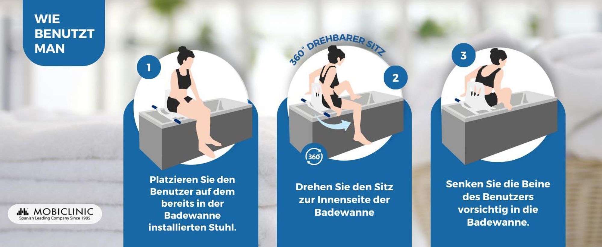 Mobiclinic Drehbarer Duschstuhl Badewannensitz Drehbar 360º Drehstuhl Dusche Duschstuhl mit Armlehnen und Rückenlehne Verstellbar Wannensitz Lago