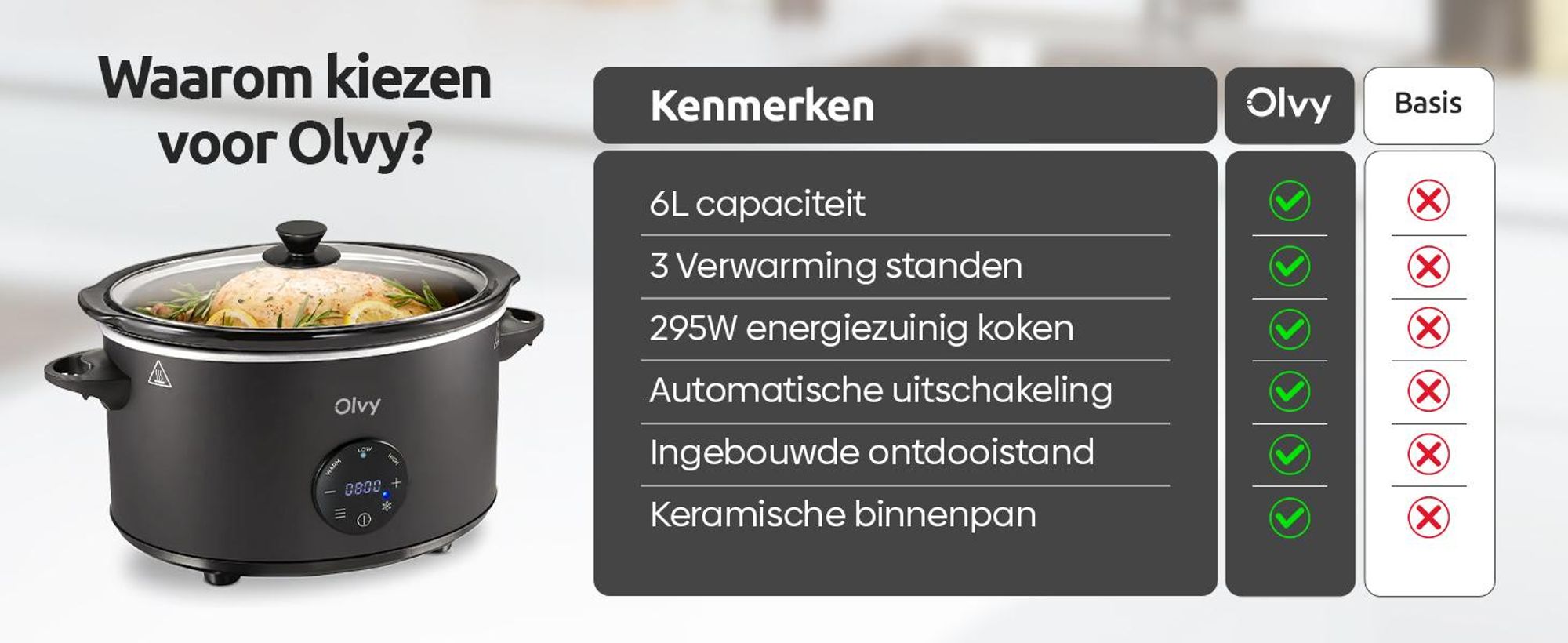 Olvy digitale slowcooker met timer – 6 liter slowcooker – pan van keramiek – inclusief kookboek