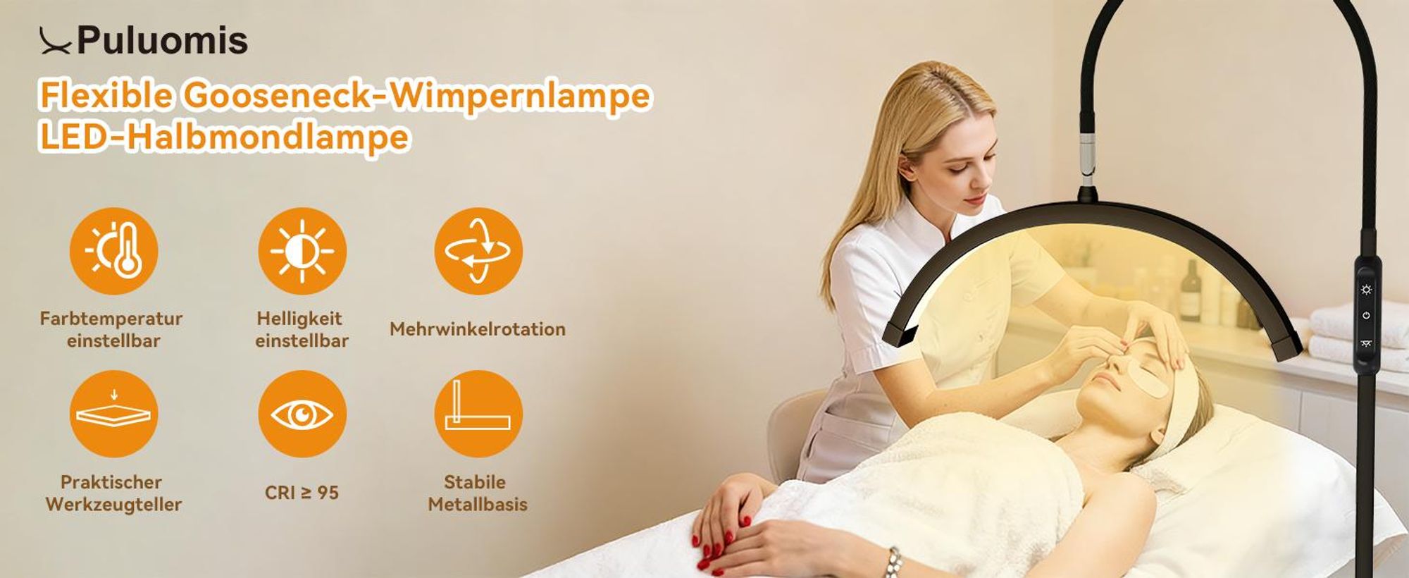 Puluomis LED Beauty Stehlampe, Höhenverstellbare Lampe mit Fernbedienung, 3 Farbtemperaturen & Stufenlos Dimmer, 320° Schwanenhals Wimpernverlängerung