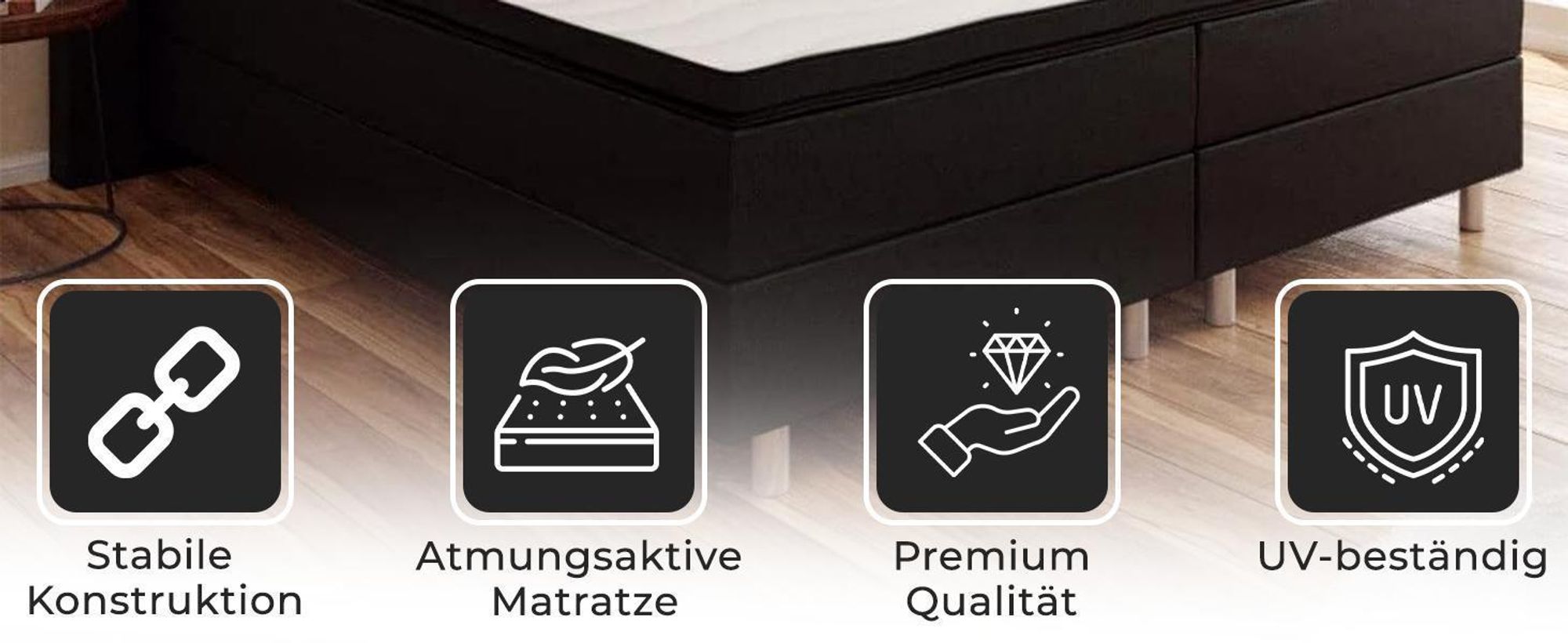 4myBaby GmbH - Boxspringbett | Neo First Class Boxspringbett 200x200 |Boxspringbett mit Matratze | Polsterbett 200x200 mit Matratze| Schwarz
