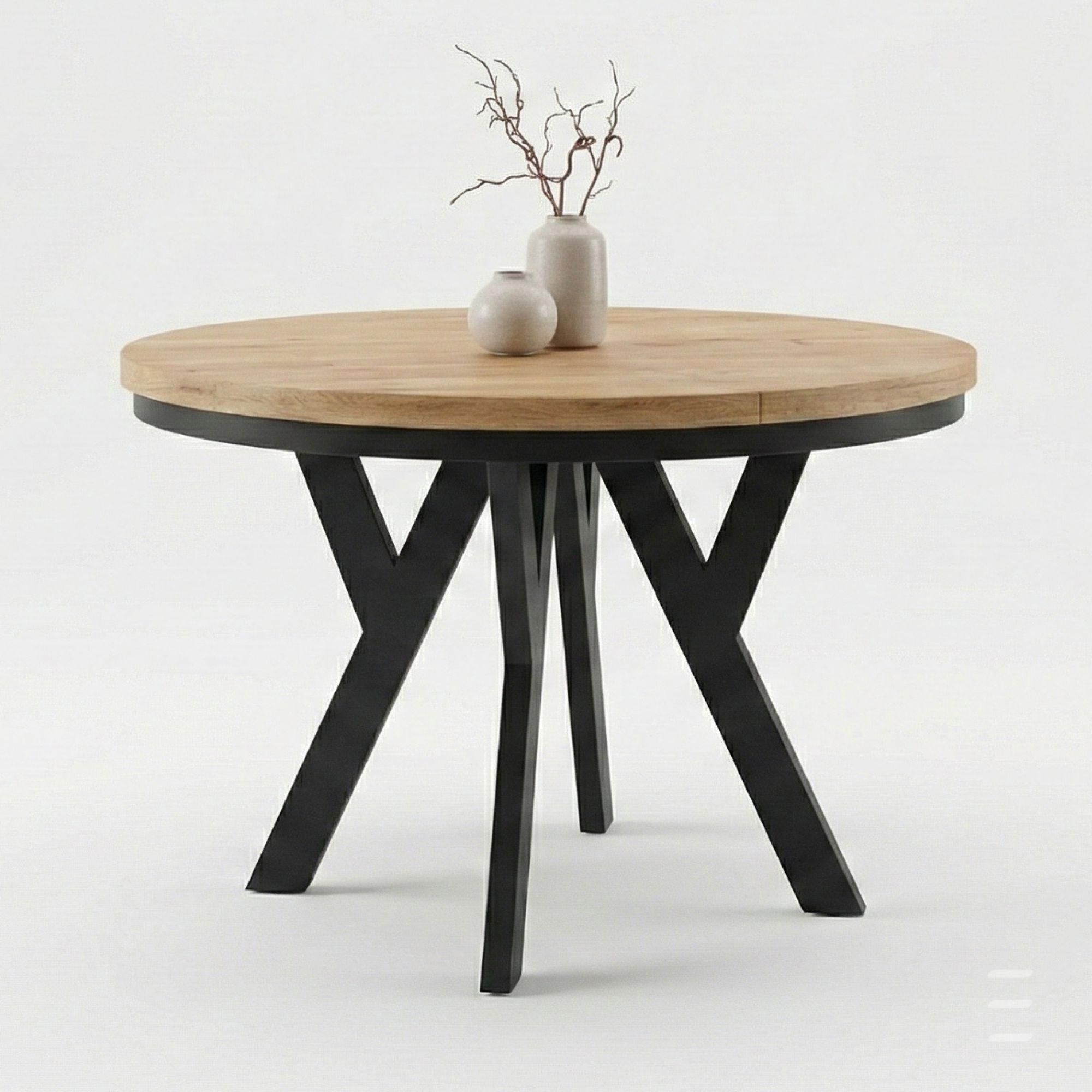 Runder Ausziehbarer Tisch für Esszimmer, PERO, Loft-Stil, Skandinavische, Durchmesser: 100 / 150 cm, Farbe: Eiche Craft Golden / Schwarz