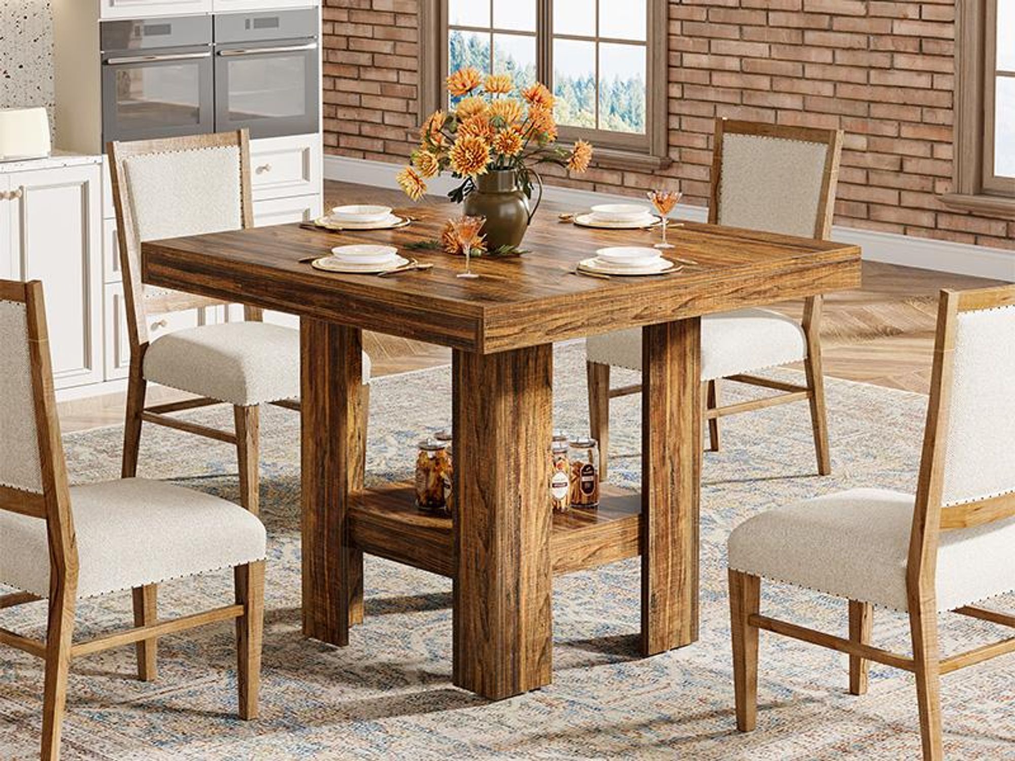 Tribesigns 80 cm quadratischer Esstisch für 4 Personen, kleiner Küchentisch mit Ablagefläche, kompakte Esszimmermöbel für Büros, Restaurants, Braun