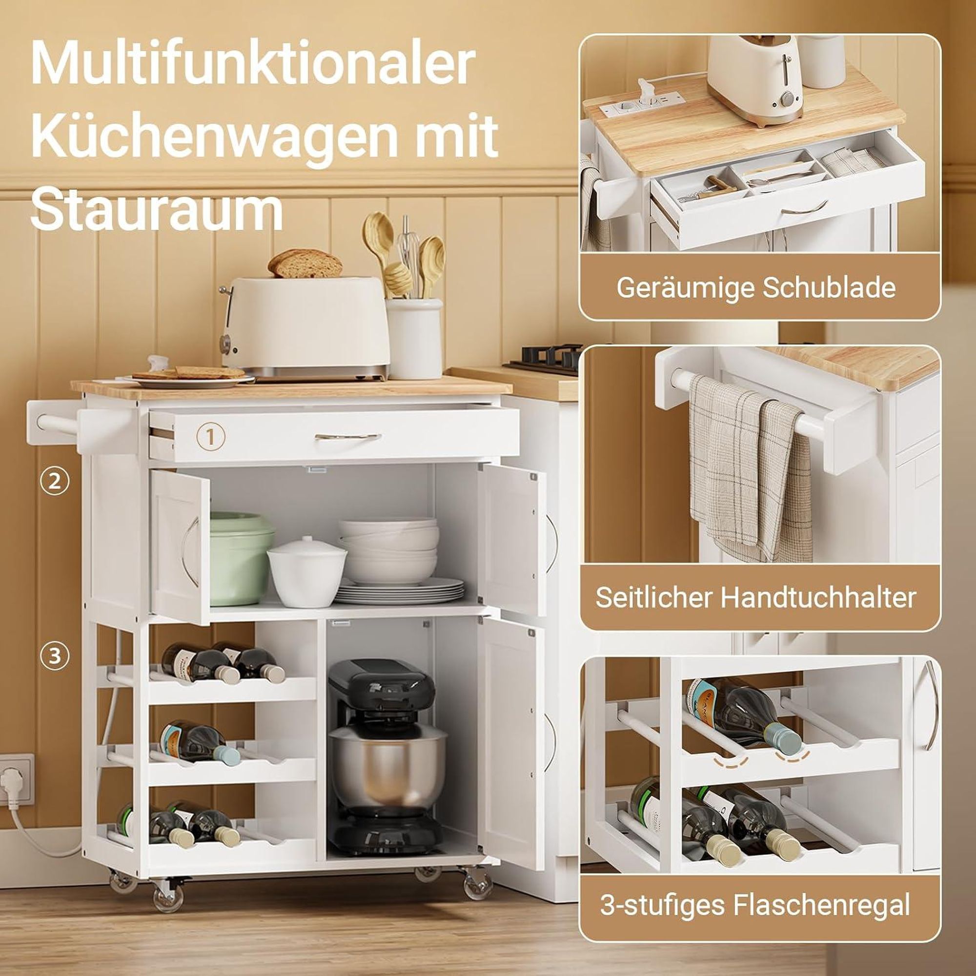 SoBuy Küchenwagen mit Arbeitsplatte, Schublade und Weinregal, weiß Obere Arbeitsplatte eine Schublade ein Oberschrank FKW45-E-WN