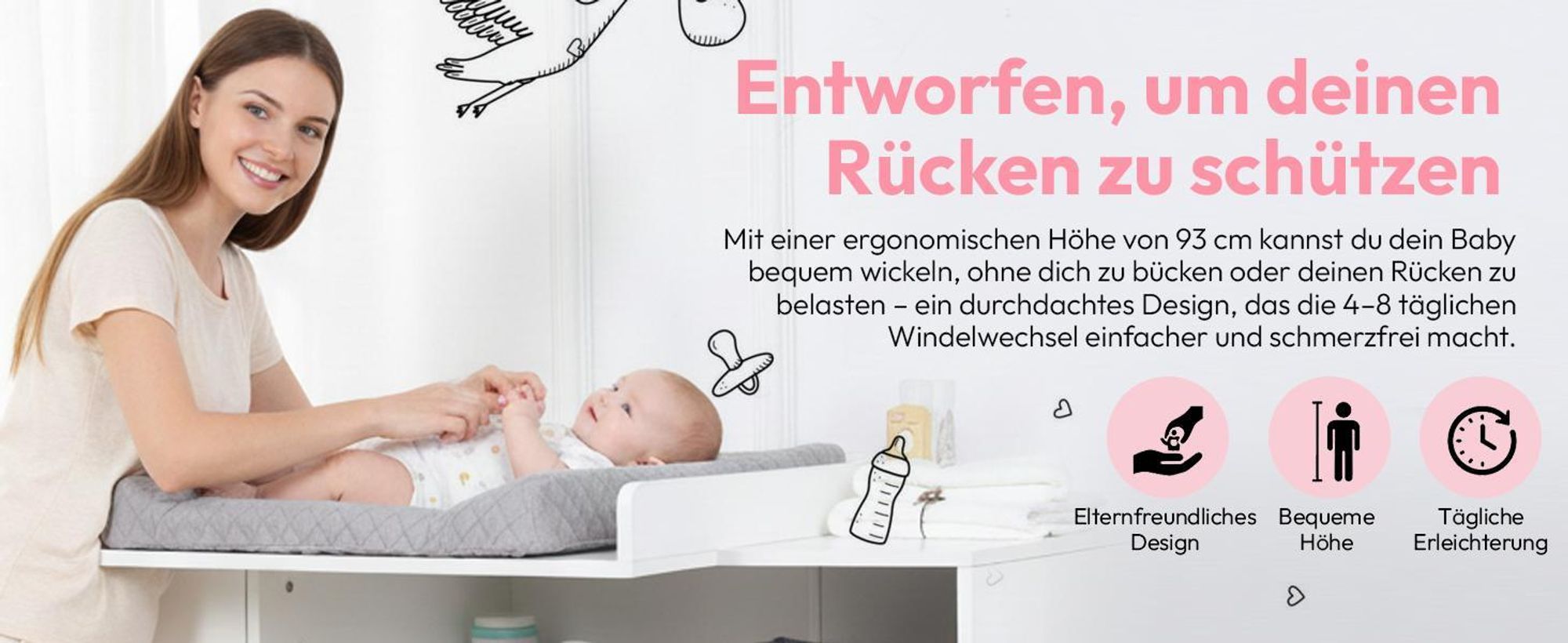 Wickelkommode Wickeltisch Baby Kommode aus Holz mit Wickelaufsatz, 3 Schubladen, 1 Tür, 100 cm Höhe in Weiß, Wickeltisch 113 x 100 cm