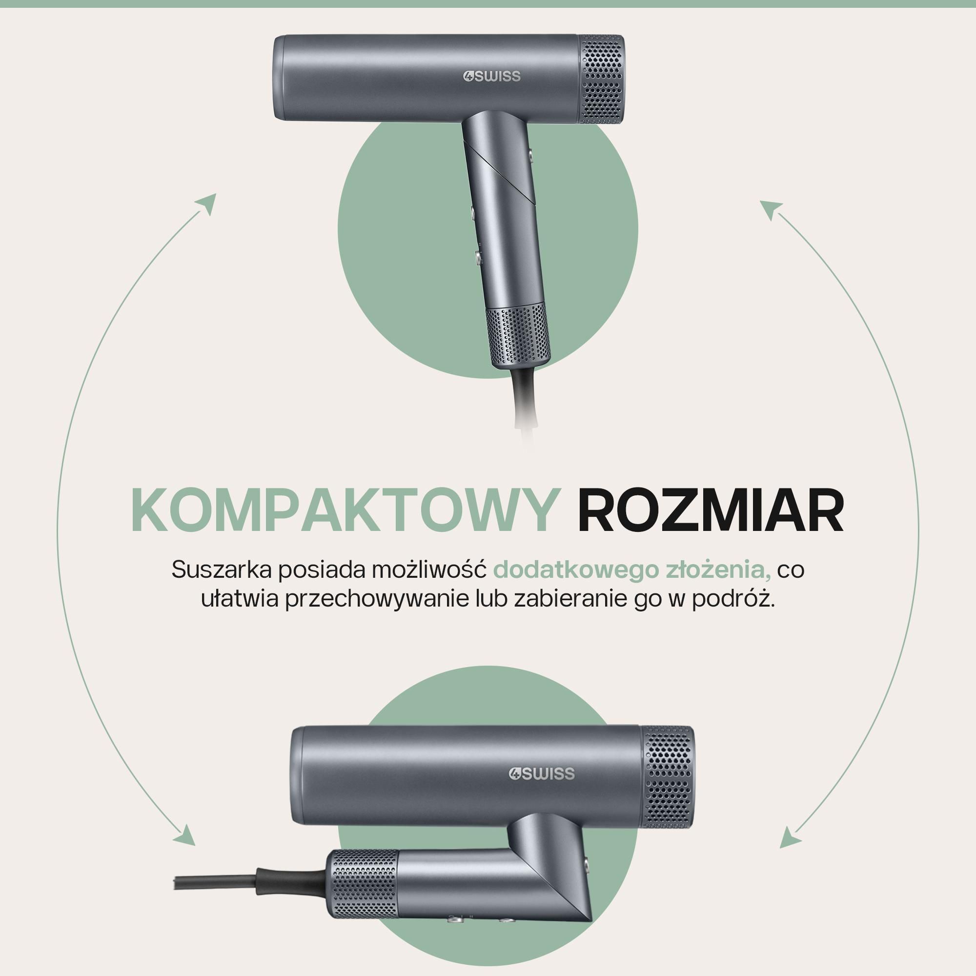 suszarka do włosów 4Swiss F424 AirPower+, 8 trybów suszenia, 110 000 obrotów na minutę, jony >500 milionów, magnetyczna końcówka do stylizacji, cicha i lekka.