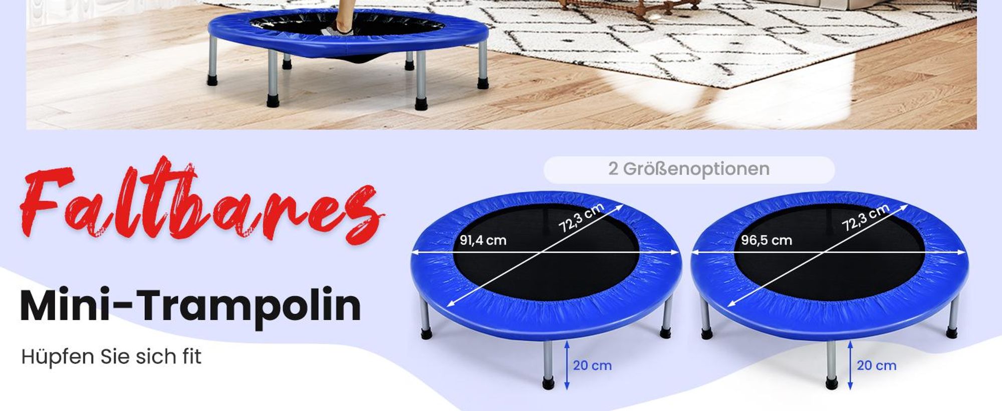 COSTWAY φ97cm Mini Trampolin, Fitness Trampolin faltbar, Kindertrampolin bis 150kg belastbar, Gartentrampolin, Indoor- und Outdoortrampolin für Kinder und Erwachsene