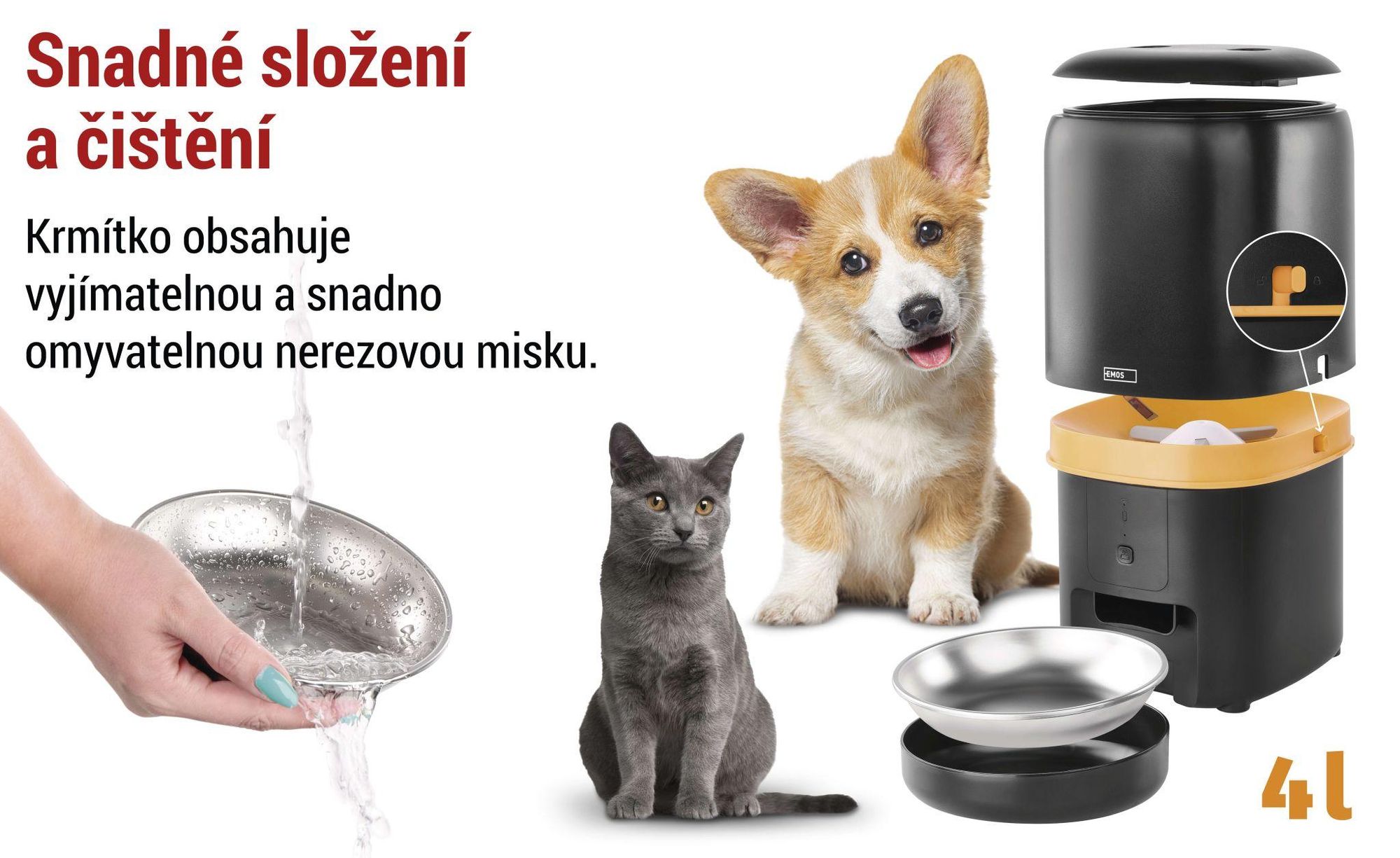 EMOS GoSmart automatické krmítko 4l, WLAN Pet Care s aplikací, pro kočky a psy s plánem, hlasovým záznamem, dávkováním 1-10 jídel, černá barva