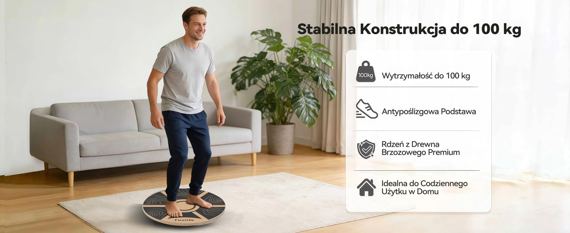 FunLife TERRA – deska do ćwiczeń równowagi, okrągła, wykonana z drzewa brzozowego – urządzenie do treningu równowagi, koordynacji i stabilizacji, obracające się o 360°, przeznaczone do wzmocnienia mięśni brzucha, wytrzymuje obciążenie do 100 kg