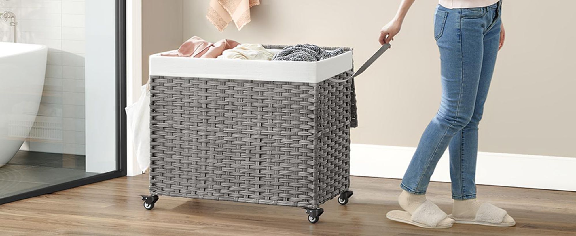 SONGMICS Wäschekorb, 160 L, mit Deckel, 3 Fächer, Wäschesack herausnehmbar