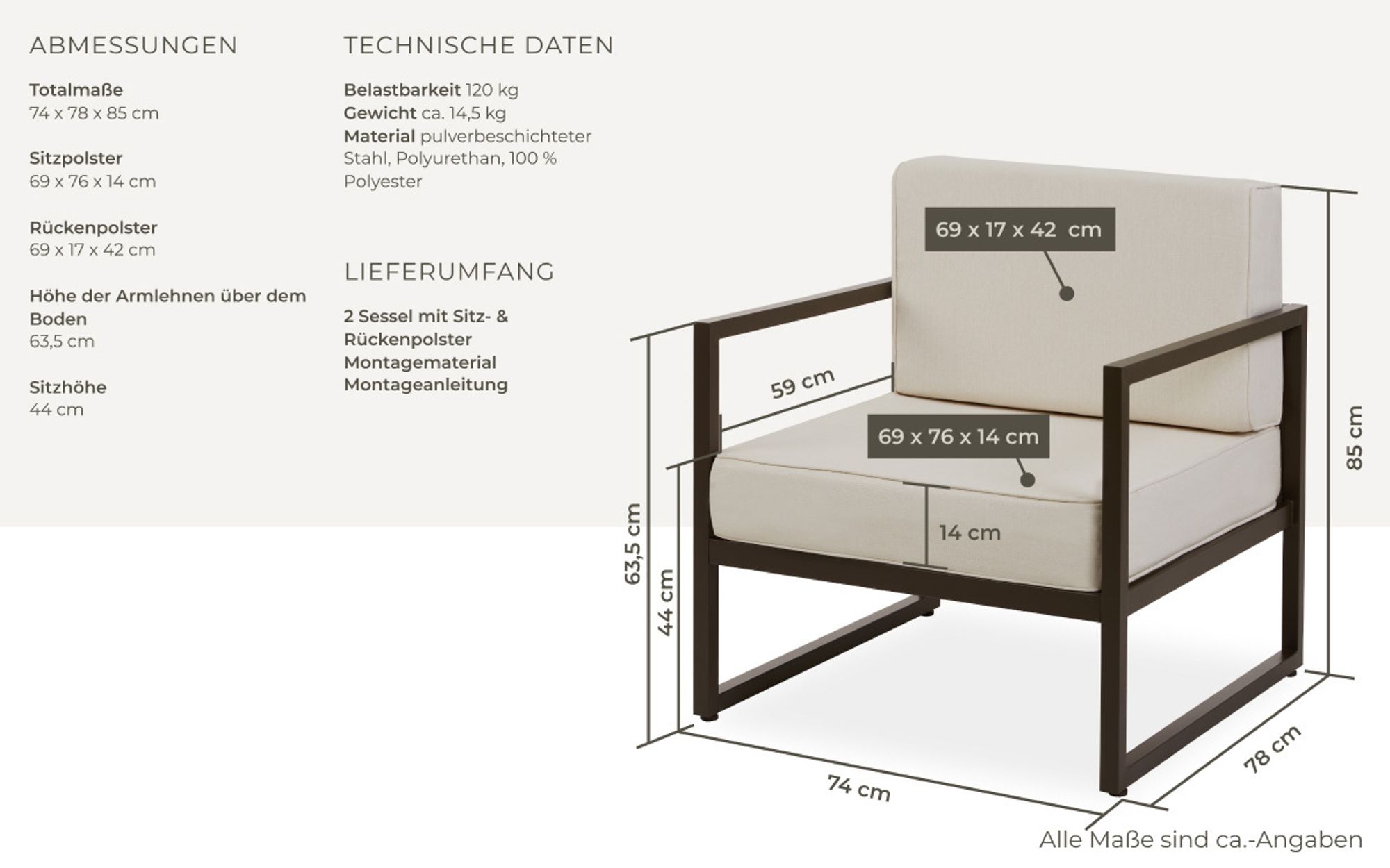 tectake® Garten-Loungesessel Comosa, XXL-Polsterung