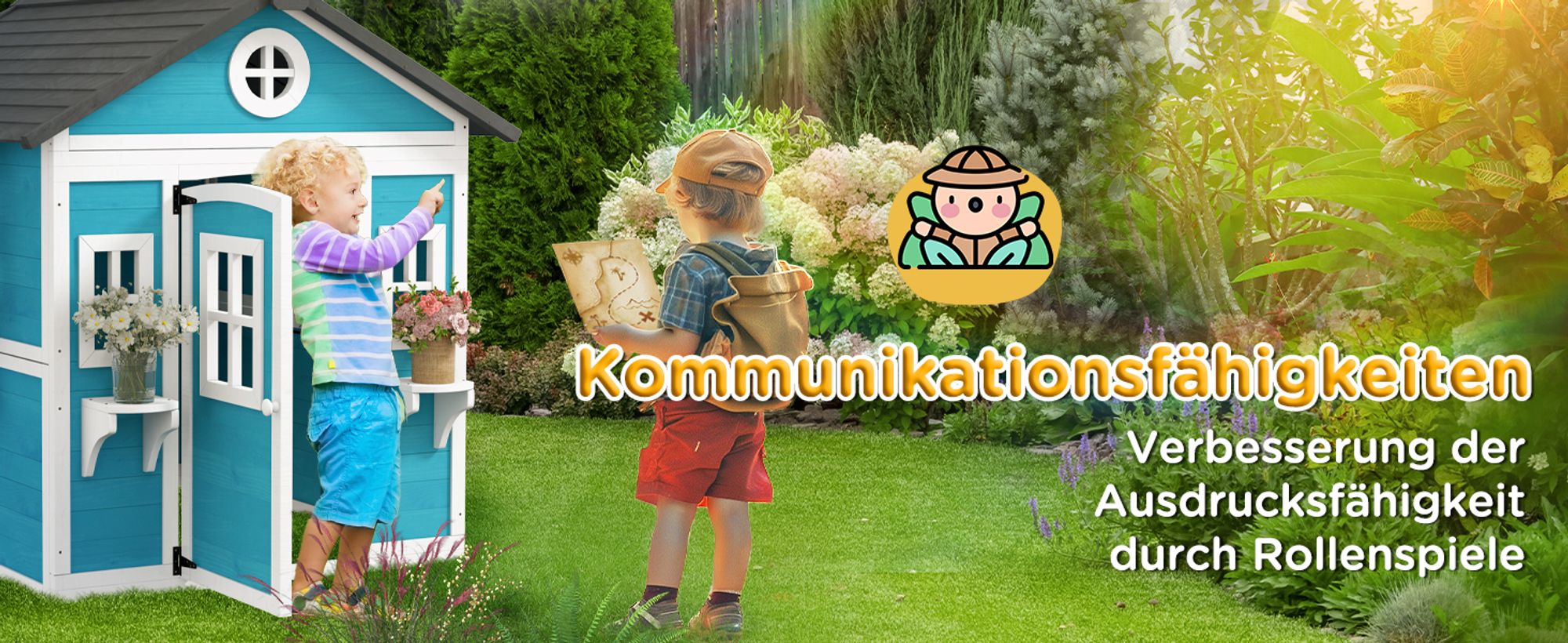 Outsunny Kinderspielhaus aus Holz mit Fenster Blumenregal Pflanzenkasten und Tür