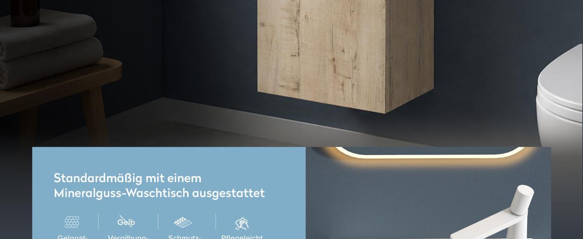 doporro Badmöbel Set Waschtisch mit Unterschrank Waschbecken-Unterschrank für Gäste-WC 46cm in Eiche Greige Design Waschplatz Wandmontage Pisa 02