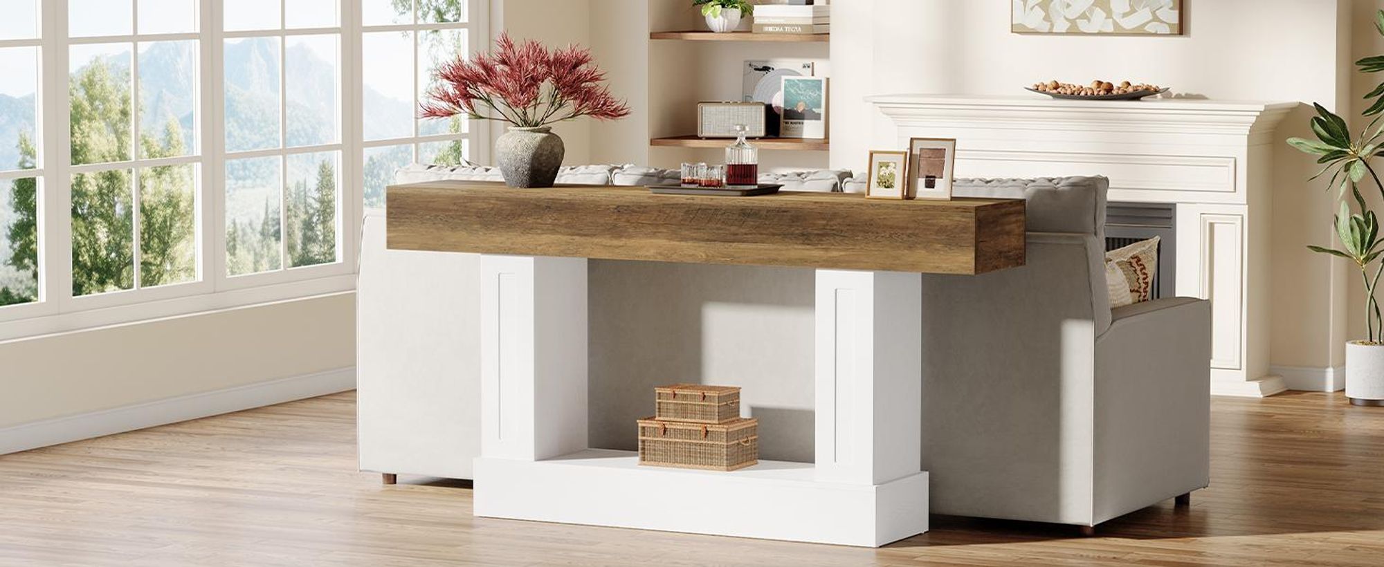 Tribesigns Konsolentisch, 160 cm lang, für den Eingangsbereich | Zweistöckiger Sofatisch im Landhausstil, Flurtisch aus Holz mit U-förmigem Gestell