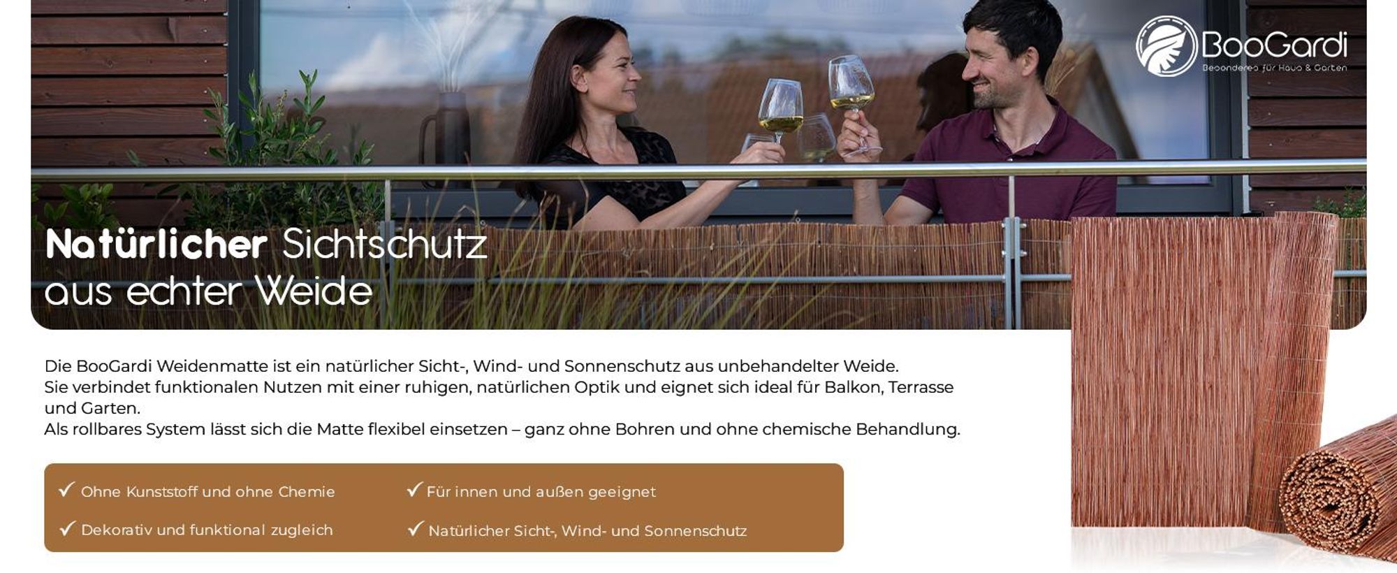 BOOGARDI Weidenmatte in 20 Größen · 80x500cm · Sichtschutzmatte Weide Balkonverkleidung Gartenzaun Sichtschutz Garten Balkon Sichtschutzzaun Holz