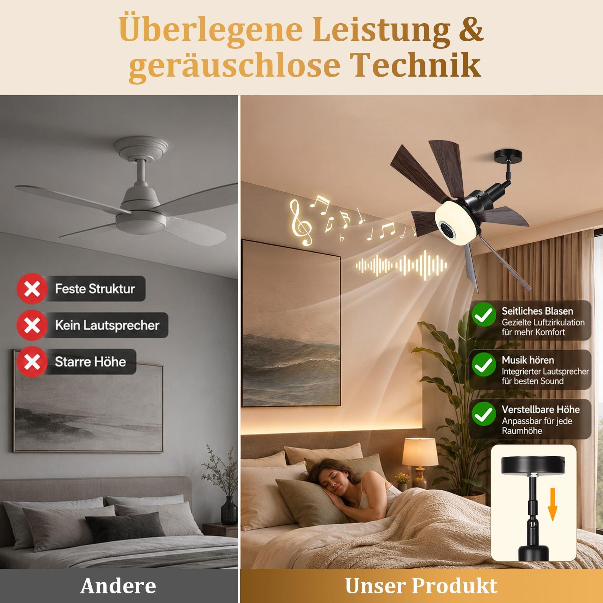 E27 Leise Ventilator φ52cm Deckenventilator mit Licht & Fernbedienung 40W RGB Bluetooth Lautsprecher 3 Windstufen, Lampe mit Ventilator Schlafzimmer