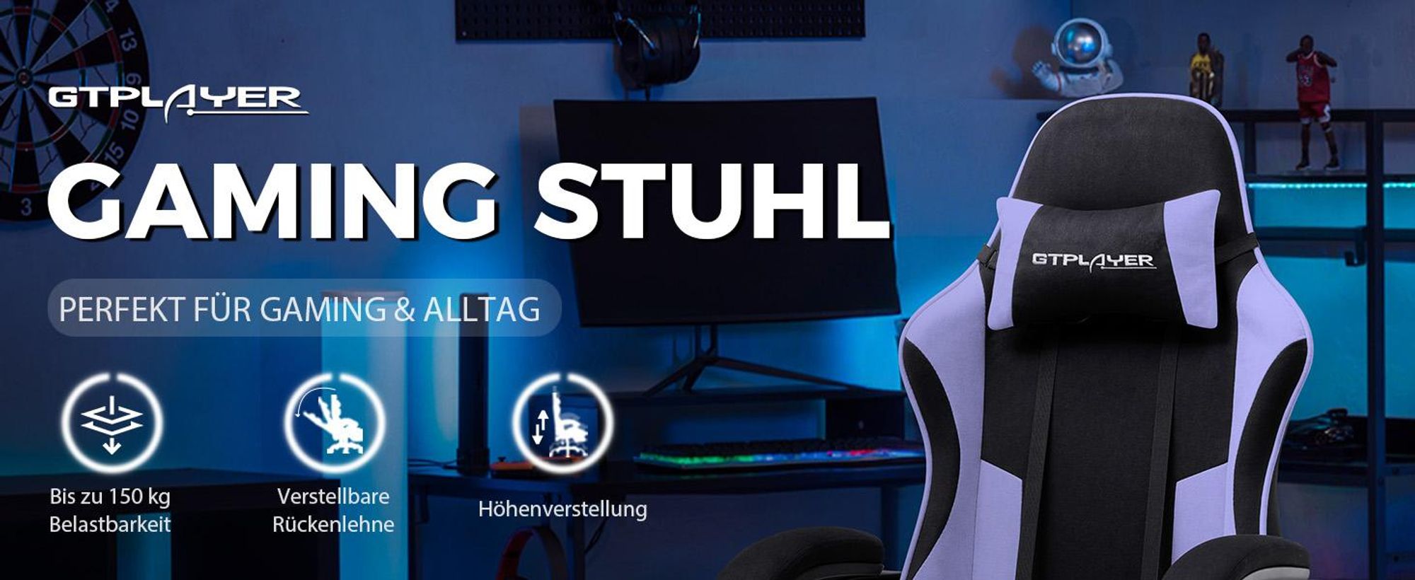 GTPLAYER Gaming Stuhl, Bürostuhl, Ergonomischer Pc Stuhl, Gaming Sessel mit Massagelendenwirbelstütze mit Fußstütze und Kopfstütze, Lila Stoff