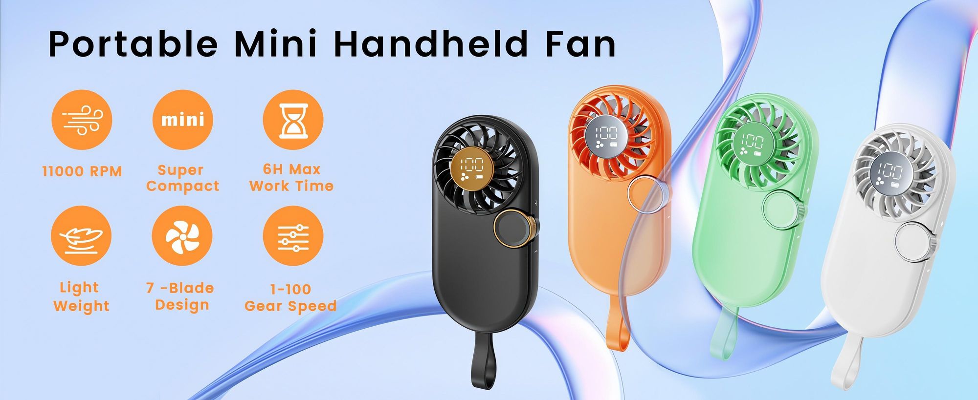 Mini Handventilator mit Stufenloser Geschwindigkeitsregelung,Tragbarer USB-C Lüfter mit LED Display,1200mAh Akku,Bürstenloser Motor,Lanyard,Leise