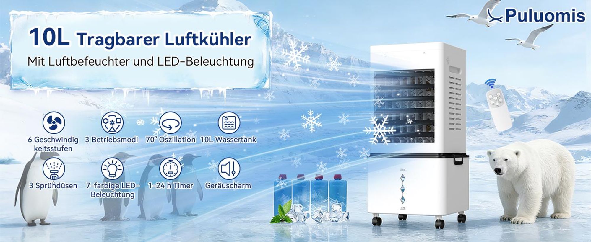 Puluomis 10L Luftkühler mit 3 Sprühdüsen und LED Beleuchtung, 3-in-1 Ventilator mit Fernbedienung, 3 Modi, 6 Stufen, 24h Timer, Mobile Klimageräte