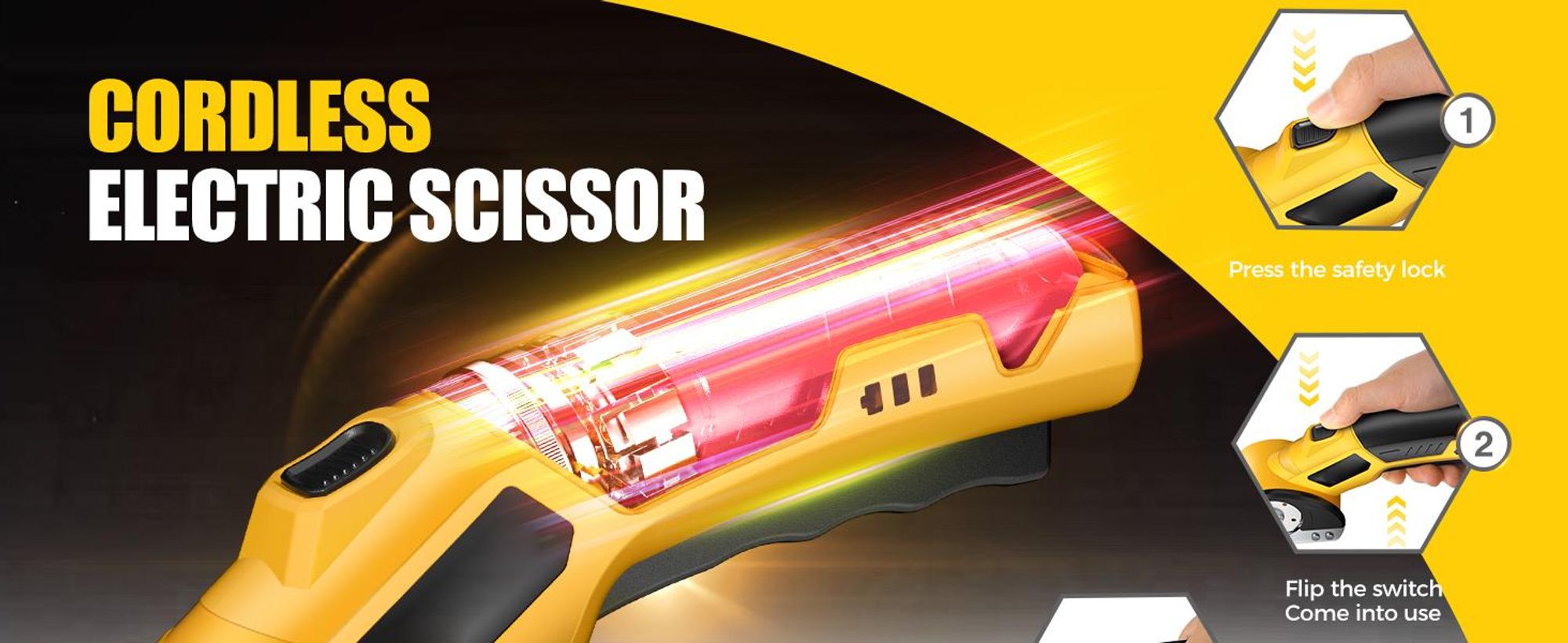 Elektrische Schere, Kabellose elektrische Schere mit Sicherheitsschalter, Klingenschutz, LED-Beleuchtung, ergonomisches Design, für Pappe, Stoff, Lede