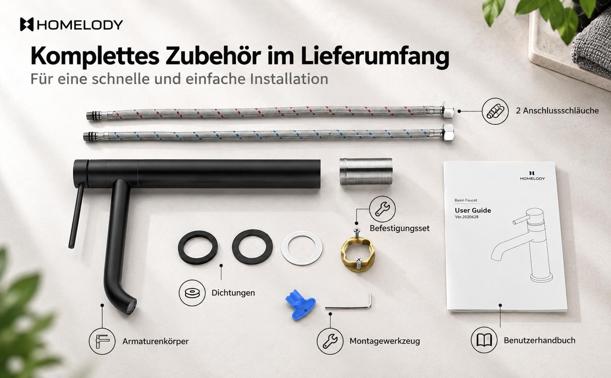 2 x Homelody Badarmatur Wasserhahn Bad aus Edelstahl Waschbecken Armatur mit hohe Ausflauf Mischbatterien 180° Schwenkbar Waschtischarmatur, Schwarz