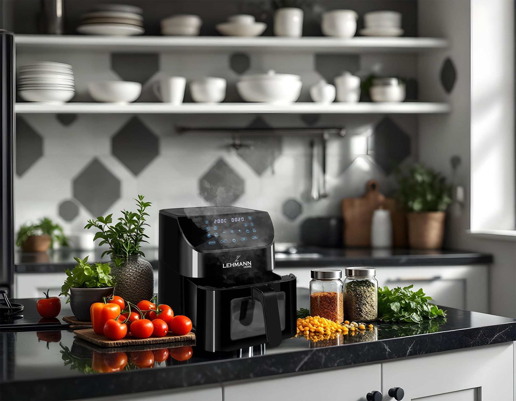 LEHMANN Friggitrice ad Aria 8L, Air Fryer con finestra, 12 programmi, max 200°C, Display LED Touch, 1800 W