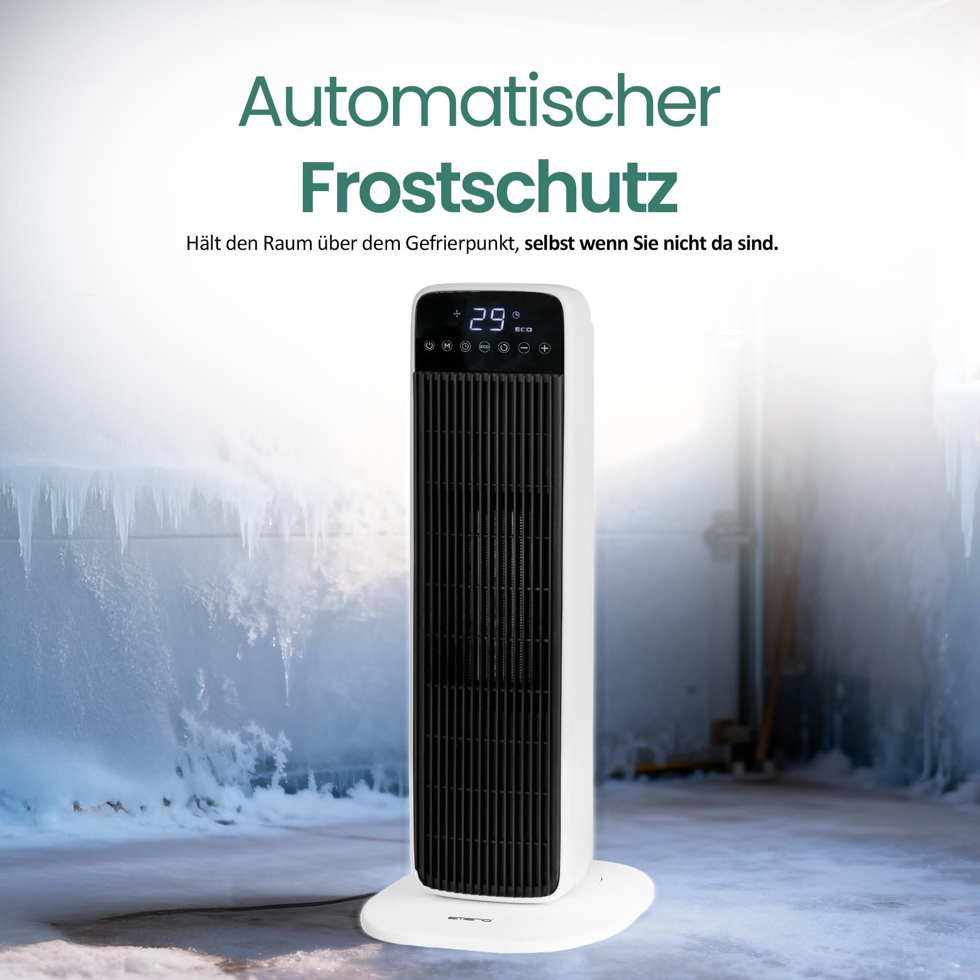 Emerio PTC-Heizlüfter FH-132333 - 15 m² - 2 Heizstufen - Einstellbares Thermostat - Oszillierend - Touch - Timer - Fernbedienung - Schwarz/Weiß