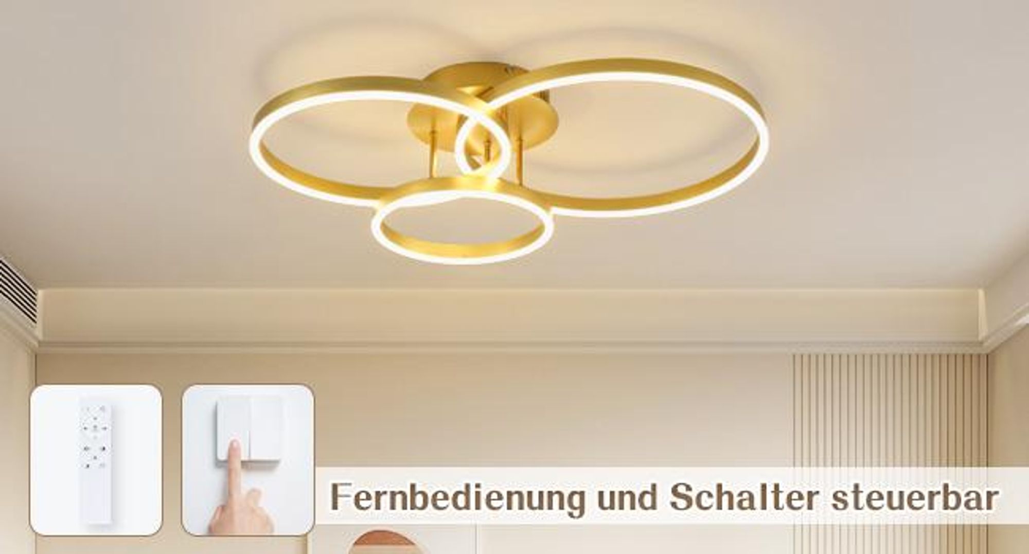 ZMH LED stropná lampa 74W Stmievateľná 82CM Zlatá Lampa do spálne s diaľkovým ovládaním 3 krúžky Stropné osvetlenie pre spálňu a kuchyňu