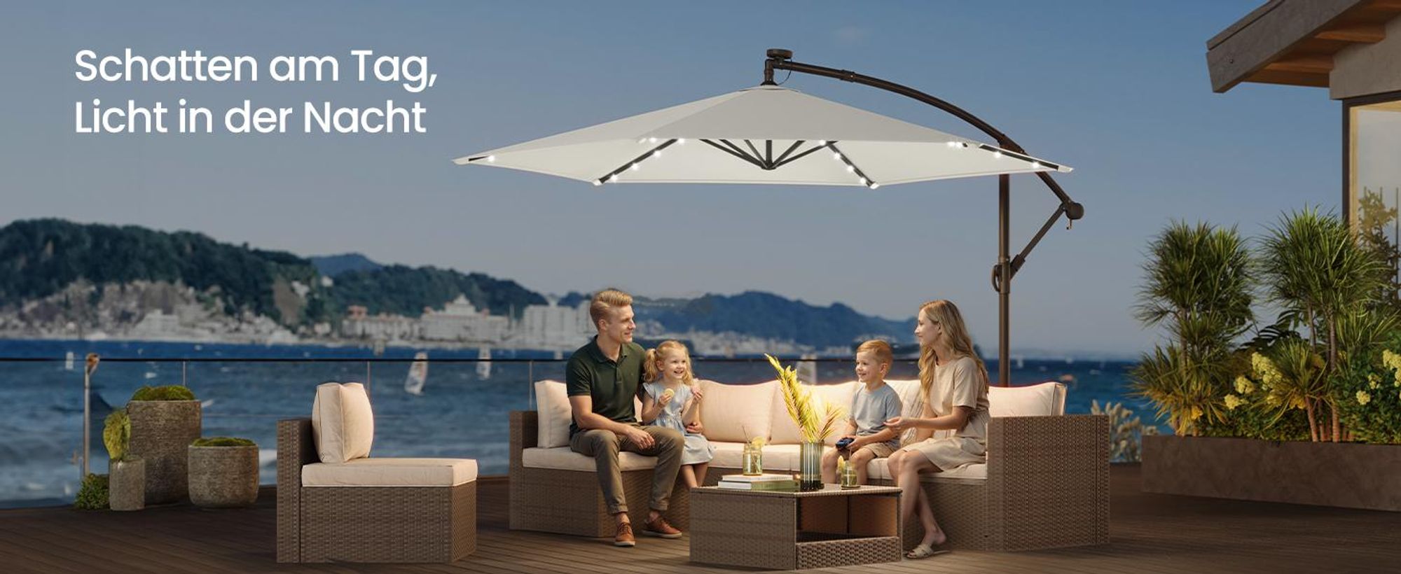 SONGMICS Ampelschirm 350 cm, mit Beleuchtung,  UV-Schutz UPF 50+, Sonnenschirm mit Ständer, für Garten Terrasse, Kurbel, beige