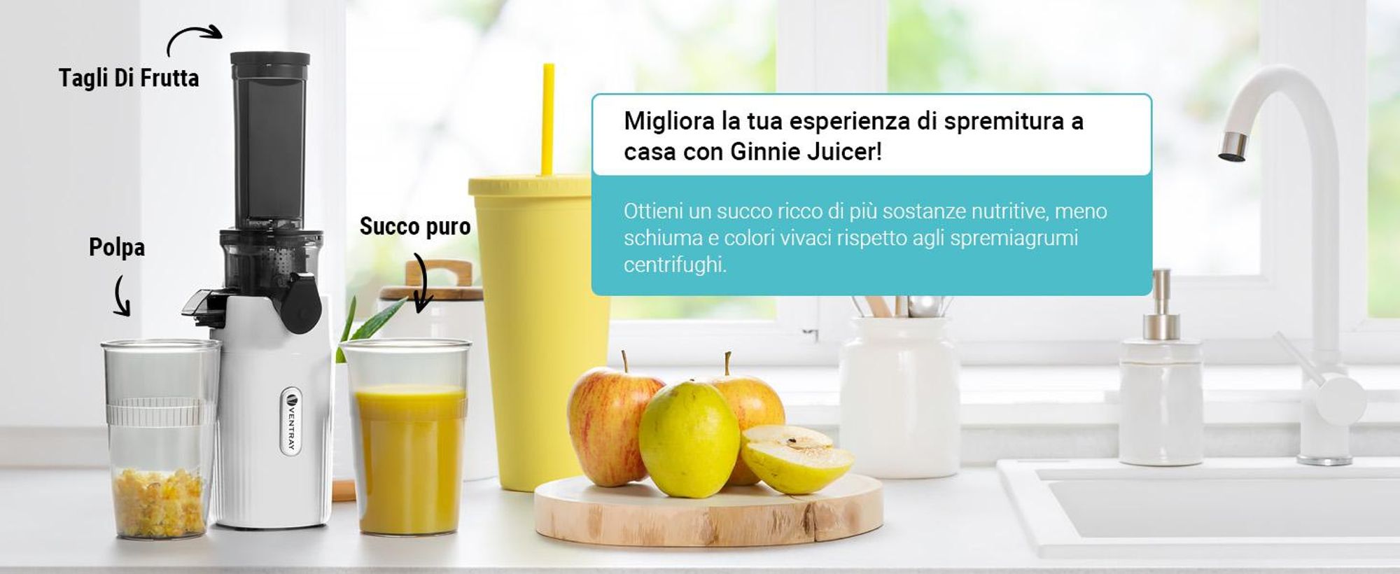 Ventray Essential Ginnie - Spremiagrumi a freddo, spremiagrumi lento compatto e silenzioso (60 giri al minuto, apertura di alimentazione di 45 mm), senza BPA, 400 ml, facile da pulire