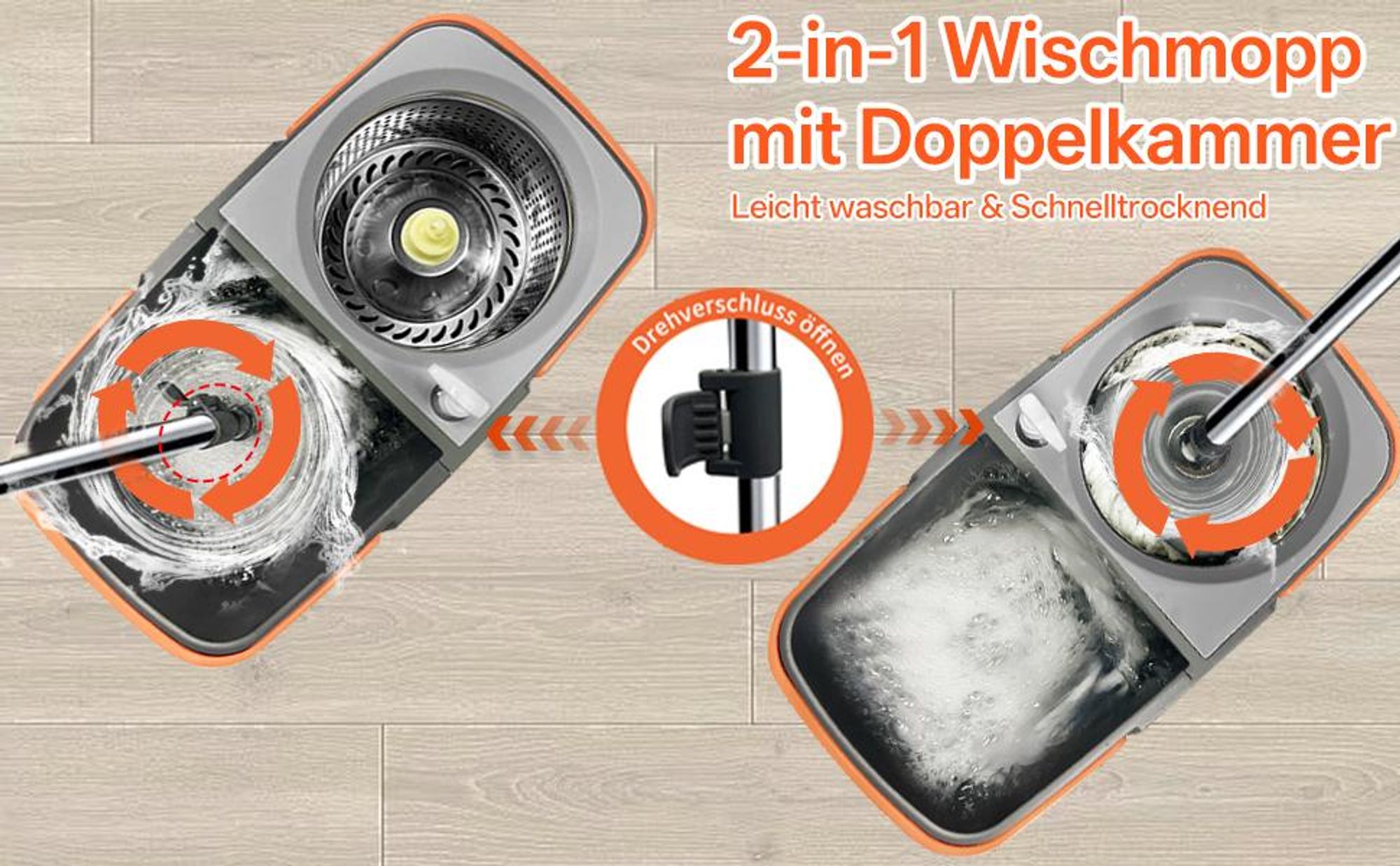 Wischmopp Set, Bodenwischer, Wischmop mit 360° Drehkopf Edelstahl-Teleskopstiel, 3 waschbaren Mikrofaser-Pads faltbarem Putzeimer mit Auswringfunktion
