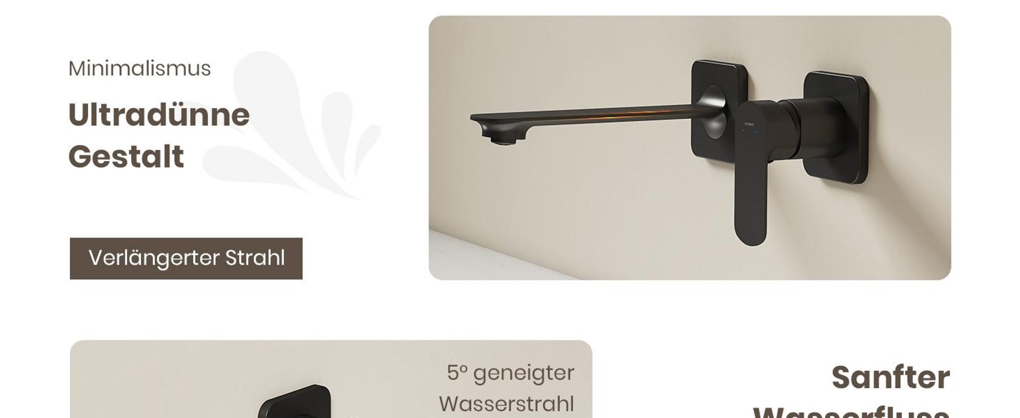 EMKE Waschtischarmatur Wandmontage, Unterputz Wasserhahn Bad, 2-Loch Einhebelmischer Mischbatterie für Waschbecken 233x127x110mm Matt Schwarz