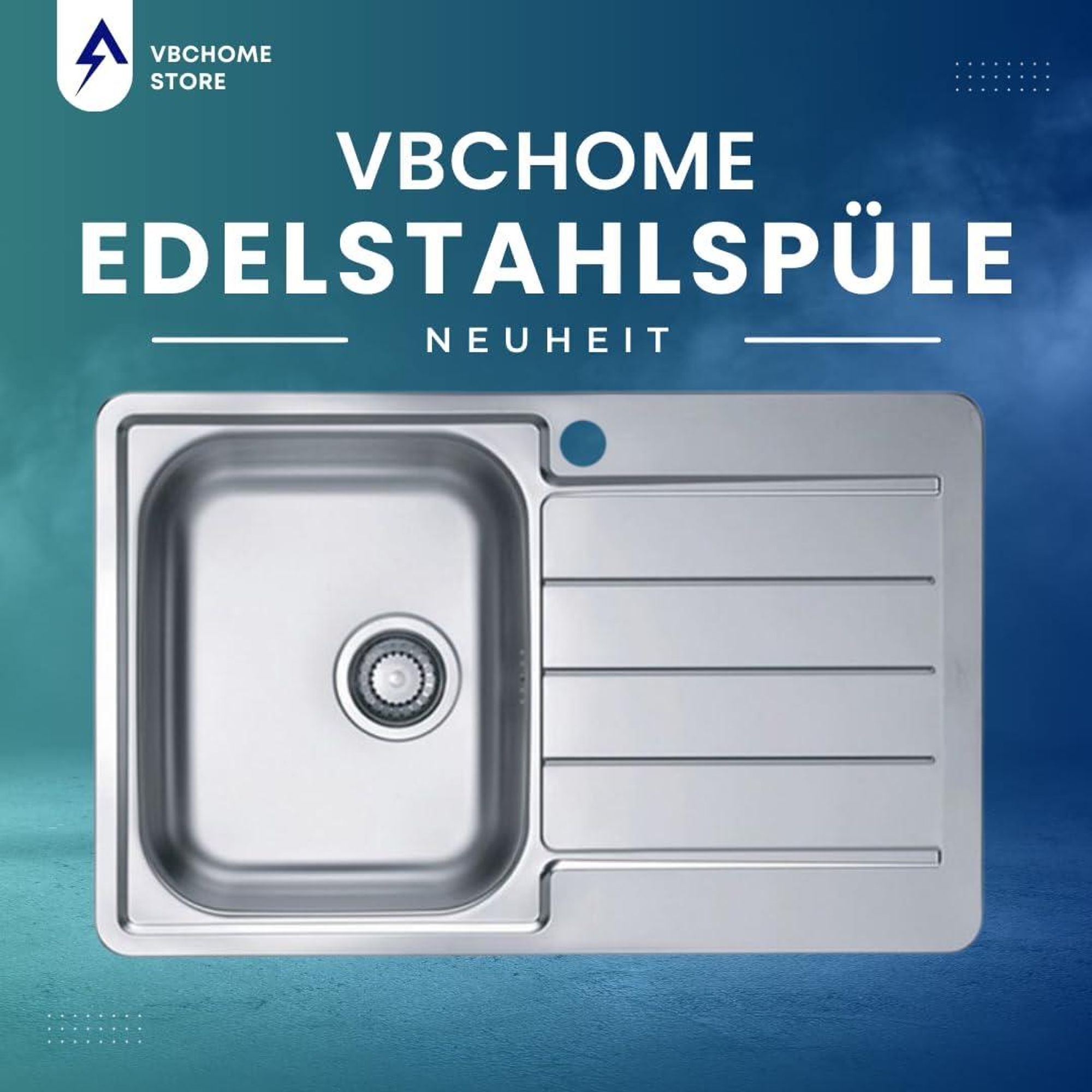 VBChome Edelstahlspüle 79 x 50 cm Satinstruktur Einbauspüle Spülbecken mit Hahnloch Abtropffläche Rechts Ablaufgarnitur Camping Küchenspüle