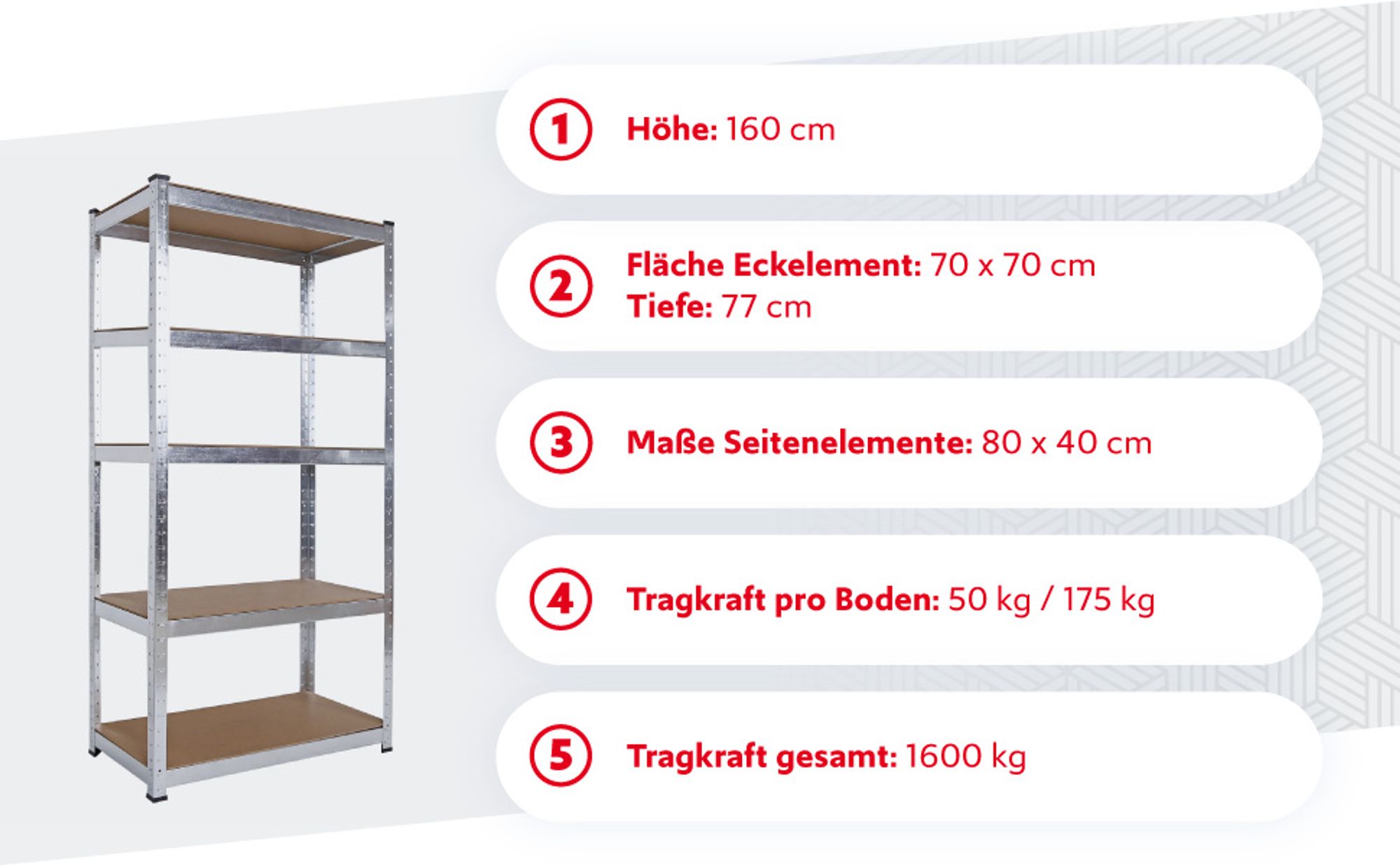 Wiltec Schwerlast Eckregal 164x150x160cm, 700 kg Gesamtlast, Steckregal verzinkt aus Stahl, Lastenregal mit 4 Ablagen, Werkstattregal