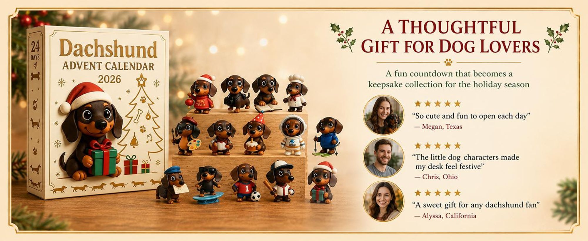 3D Dackel Adventskalender 2026 – 24 Figuren zum Sammeln, Weihnachtsbaumschmuck & Tischdeko für Dackel-Fans