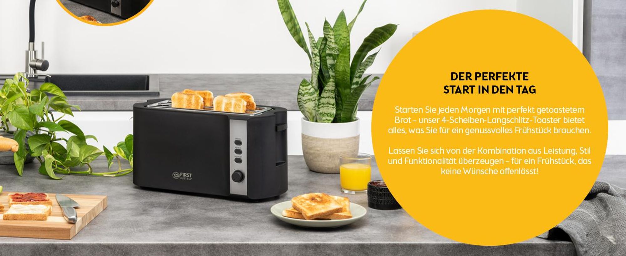 TZS First Austria Toaster Langschlitz, 4 Scheiben, 1200-1500W, 6 Bräunungsgrade, Auftau- und Aufwärmfunktion, Brotzentrierung, Krümelfach, Schwarz/Edelstahl