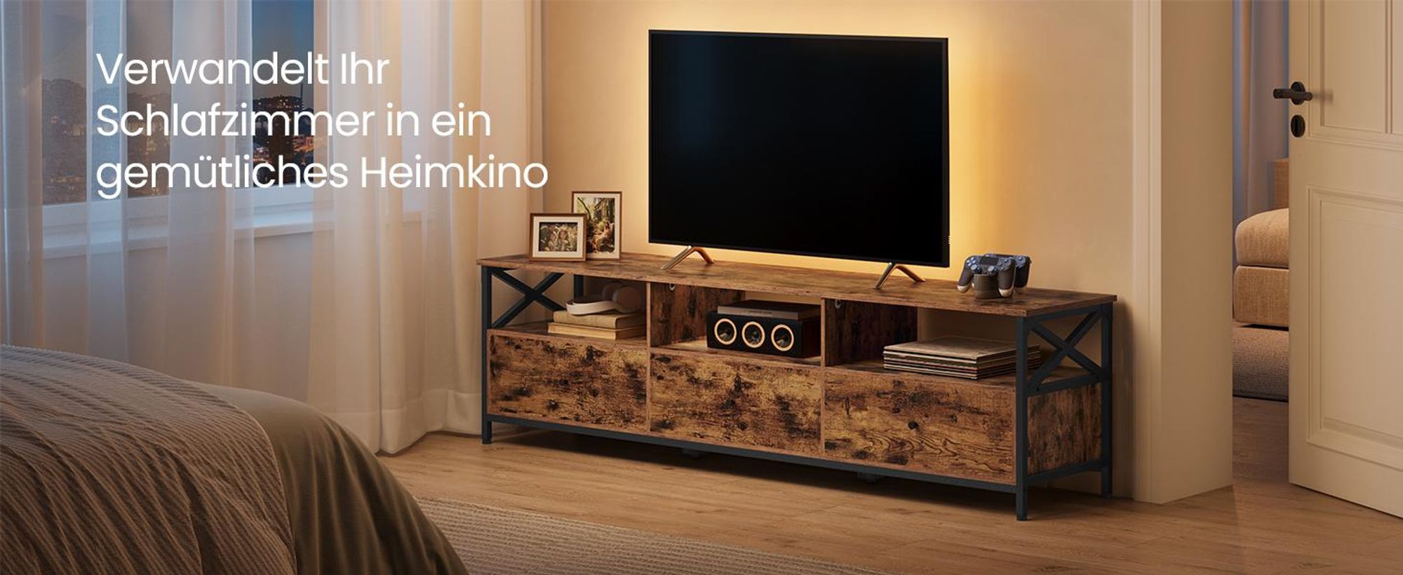 Fernsehtisch, TV-Ständer für Fernseher bis zu 80 Zoll, reichlich Stauraum, 178 x 40 x 50 cm, braun-schwarz