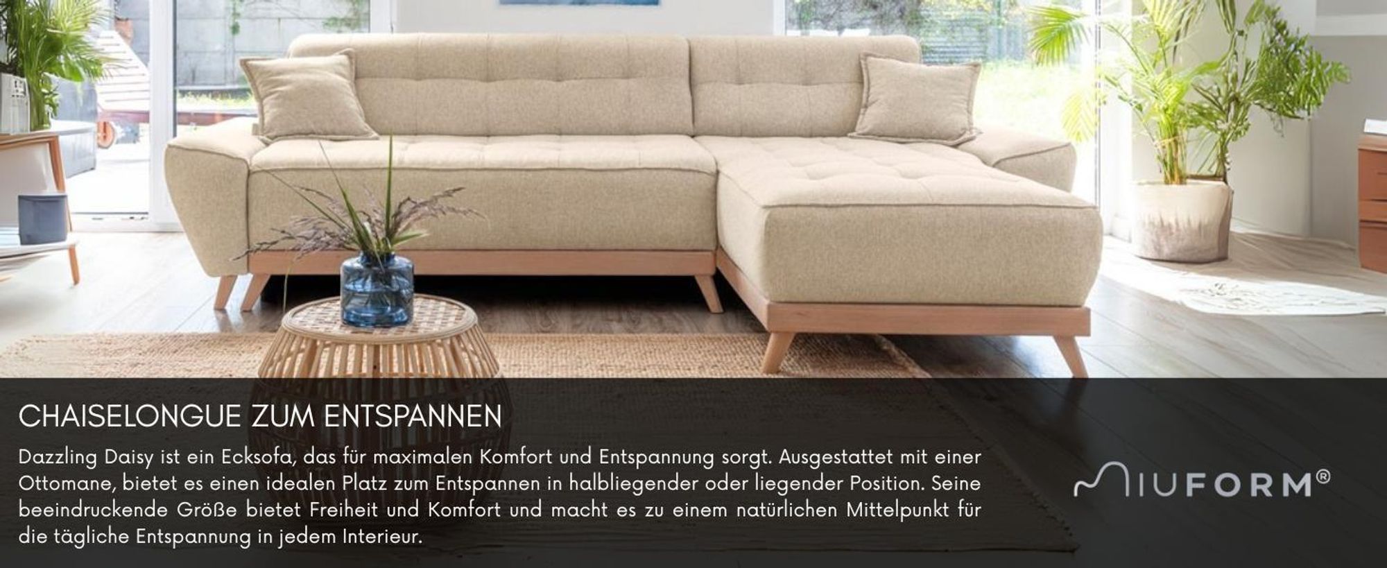 MIUFORM Dazzling Daisy - Ecksofa mit Bettfunktion und Bettkasten Sofa mit seitenverkehrt montierbarer Chaiselongue - 260x164cm - Türkis - Sofa Schlafsofa Couch