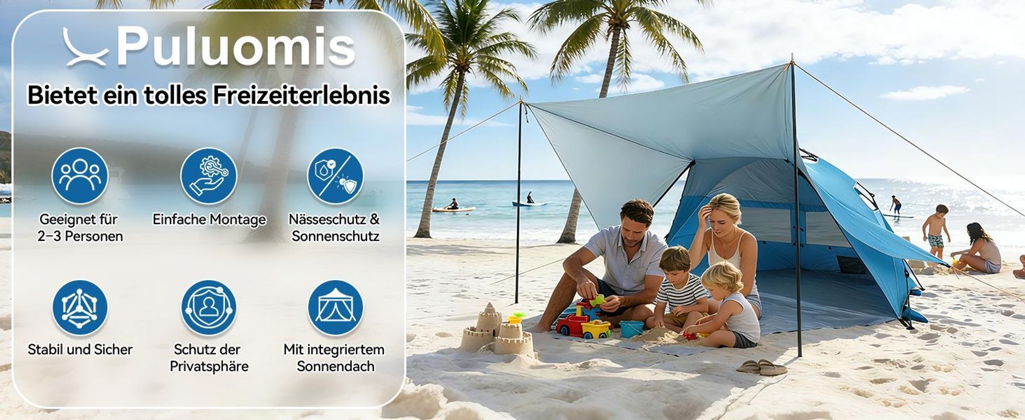 Puluomis Strandmuscheln Strandzelt mit Sonnensegel  Pop-up-Zelt mit UV-Schutz 50+, Sekundenzelt Blau, 135 x 150 x 250 cm