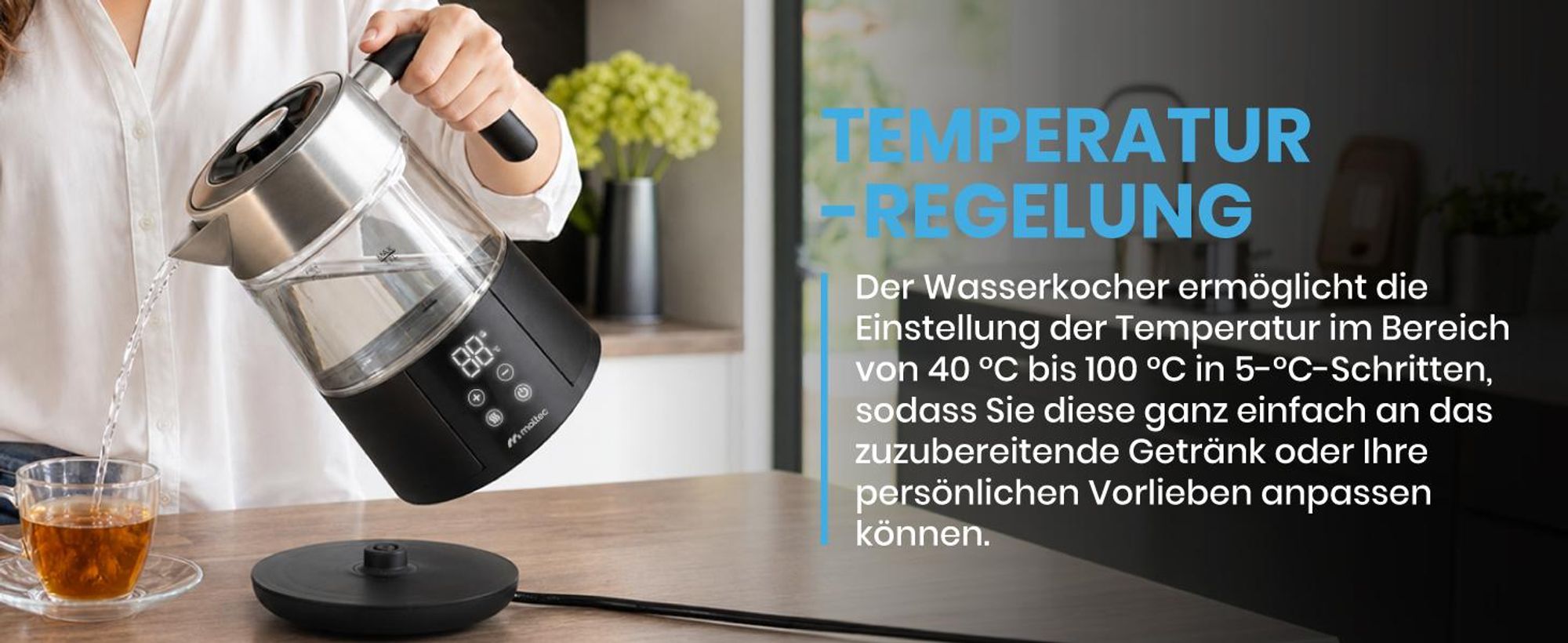 Schwarzer Wasserkocher mit Warmhaltefunktion Edelstahlfilter 1800ml und 2200W