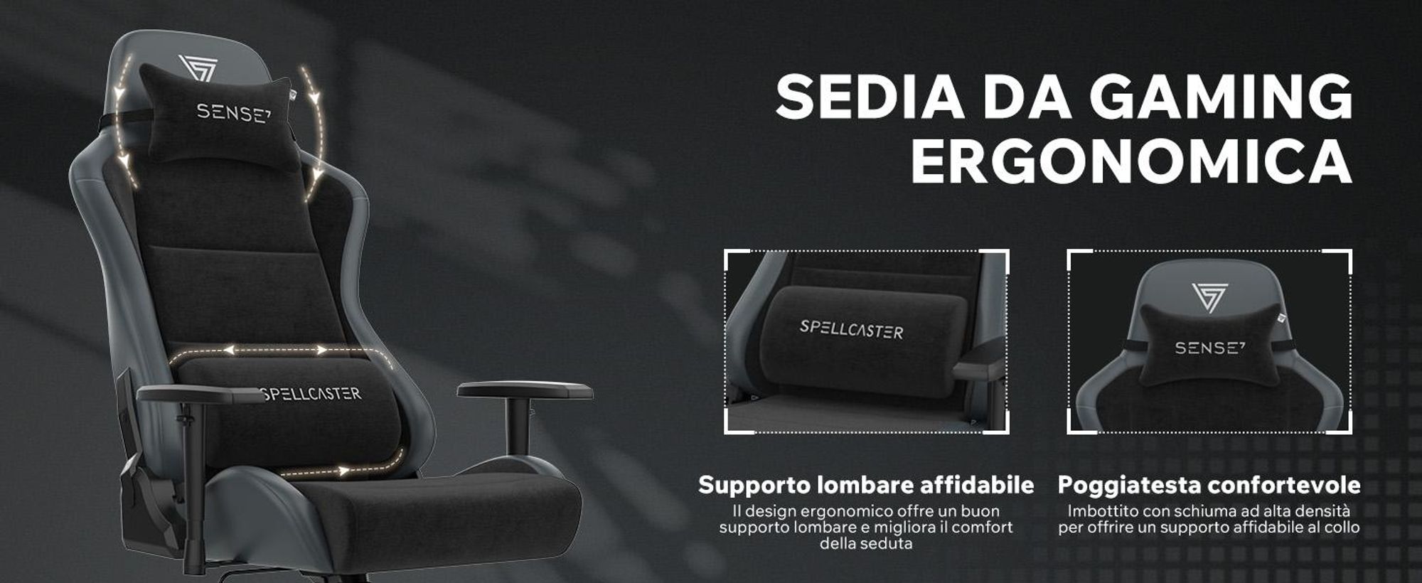 SENSE7 Spellcaster FUKU XL Sedia da gaming in Alcantara nera - Sedia da ufficio ergonomica per persone di corporatura robusta, 160 kg, imbottitura in schiuma a freddo, seduta ampia