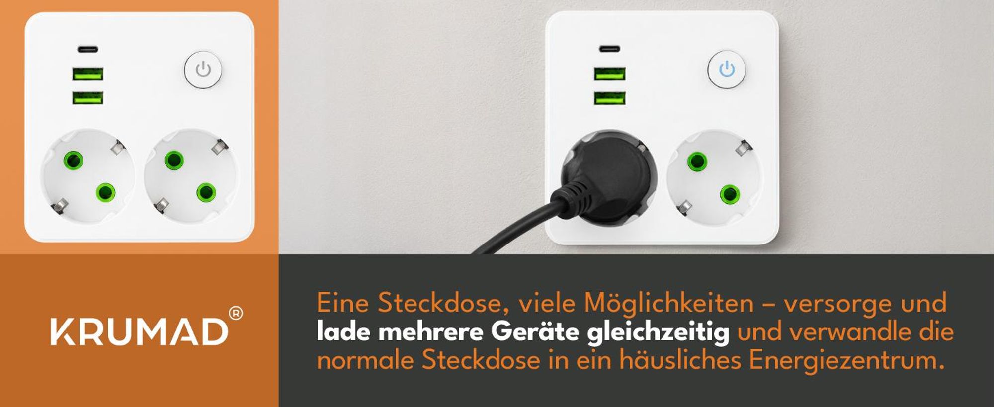 KRUMAD Steckdosenadapter 5in1 mit USB und USB-C, Mehrfachstecker Doppelsteckdose, 2-fach Steckdosenadapter ohne Kabel, kompakter Multistecker Weiß