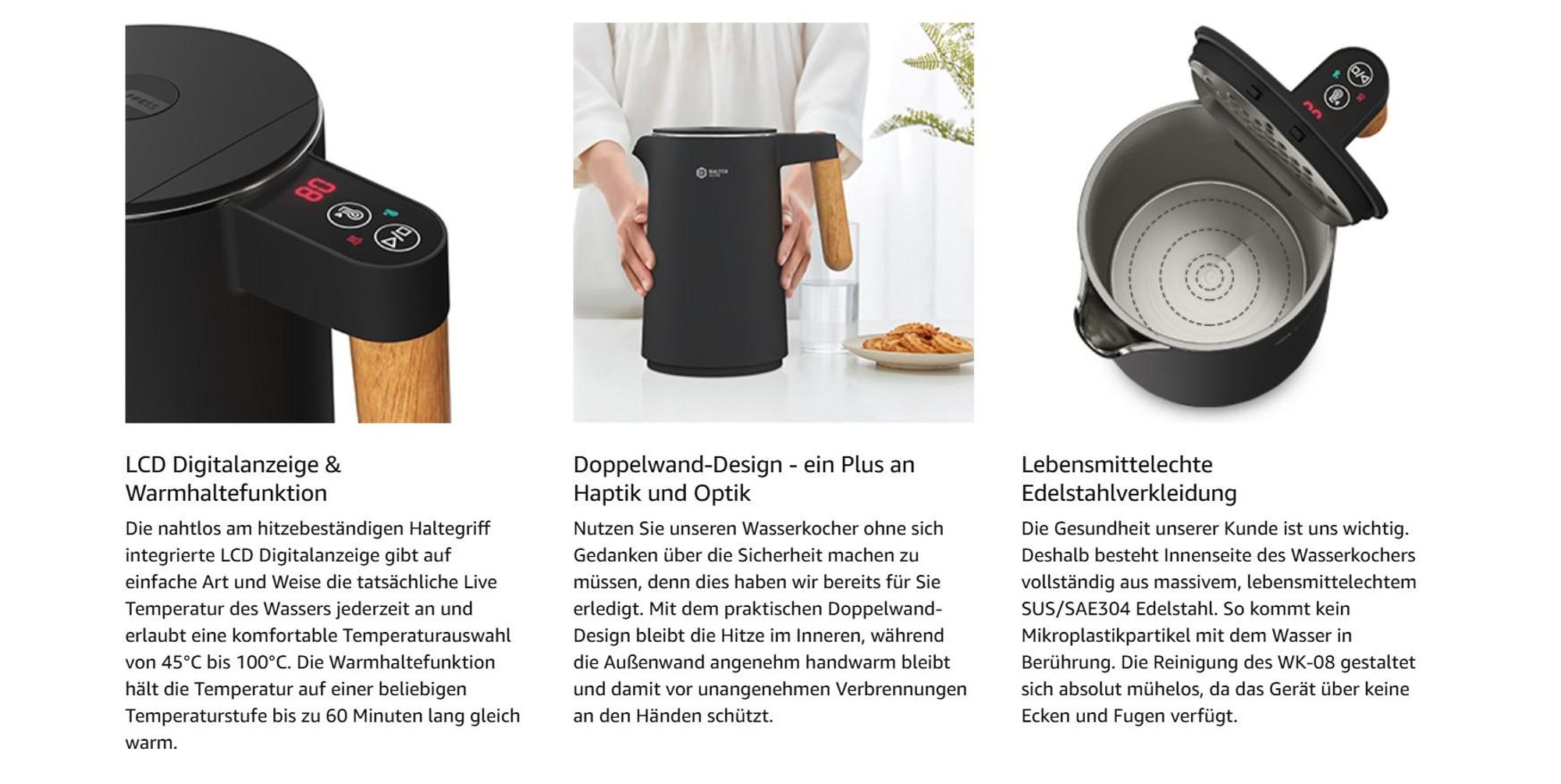 Balter Wasserkocher Edelstahl mit Temperatureinstellung 1,5L, 2200W, BPA-frei, LED-Display, Temperaturwahl 45°C-100°C, Abschaltautomatik, Schwarz