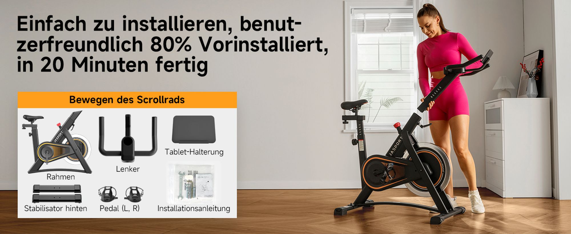 JASPORT A3 Leises Heimtrainer Fahrrad, LED-Monitor, Bluetooth & App, verstellbarer Sitz & Widerstand, Tablet-Halter, bis 120 kg, Fitnessbike Zuhause