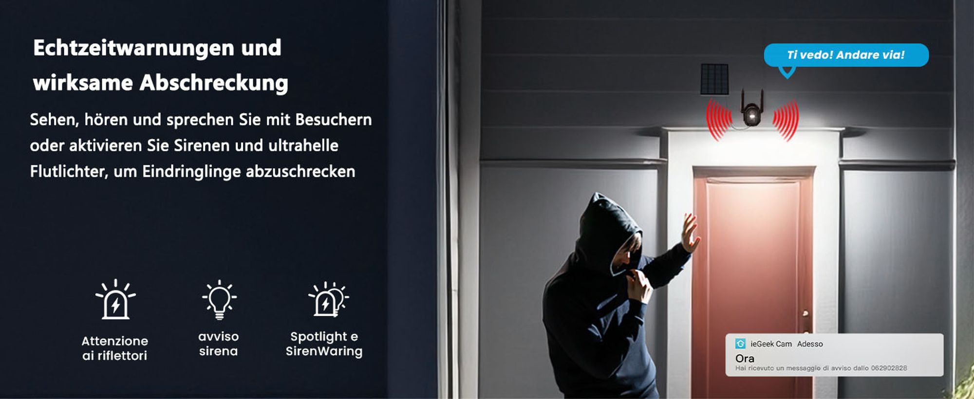 ieGeek 2K Solar Überwachungskamera Aussen Akku, PIR, 2-Wege-Audio, Alexa, Wlan, 64GB