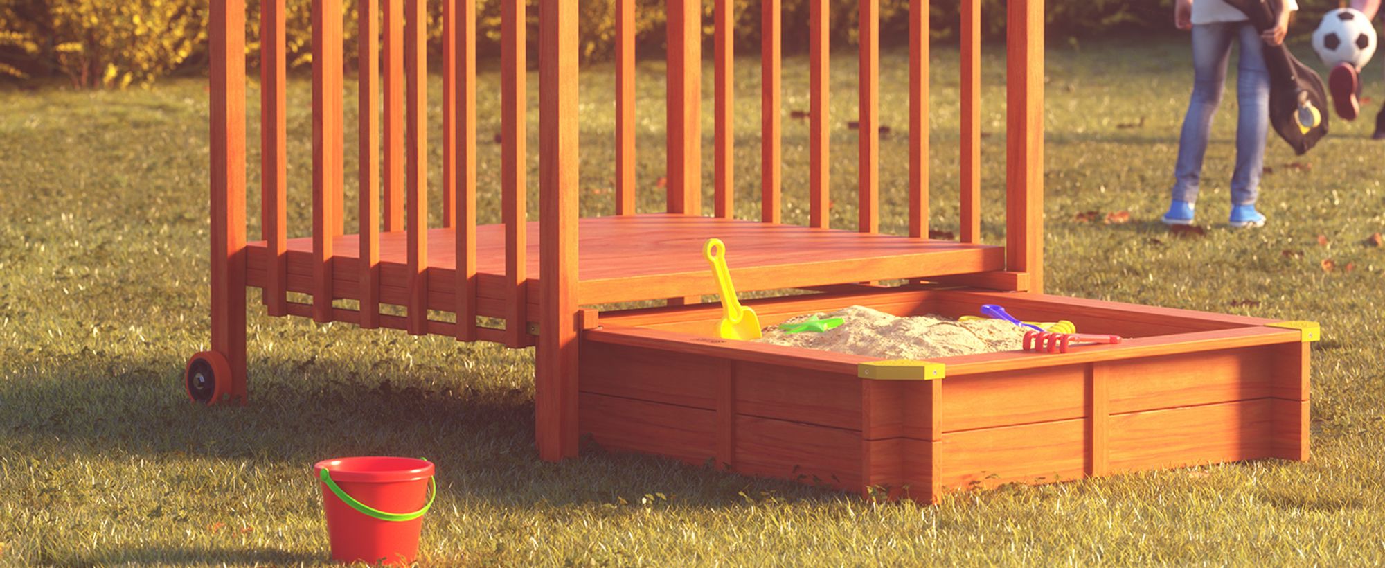 SPIELWERK® Sandkasten Merle Sonnendach 143x130x130cm Veranda 95x95x20cm UV-Schutz Sandbox