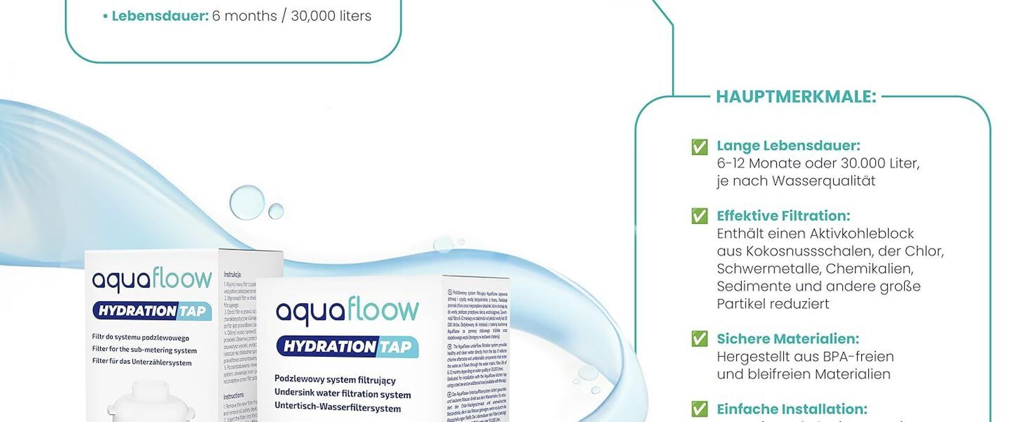 Aquafloow Untertisch-Wasserfilter – 2er Set Ersatzfilter 13,7″ – reduziert Chlor & Verunreinigungen – Sauberes Trinkwasser direkt aus dem Hahn