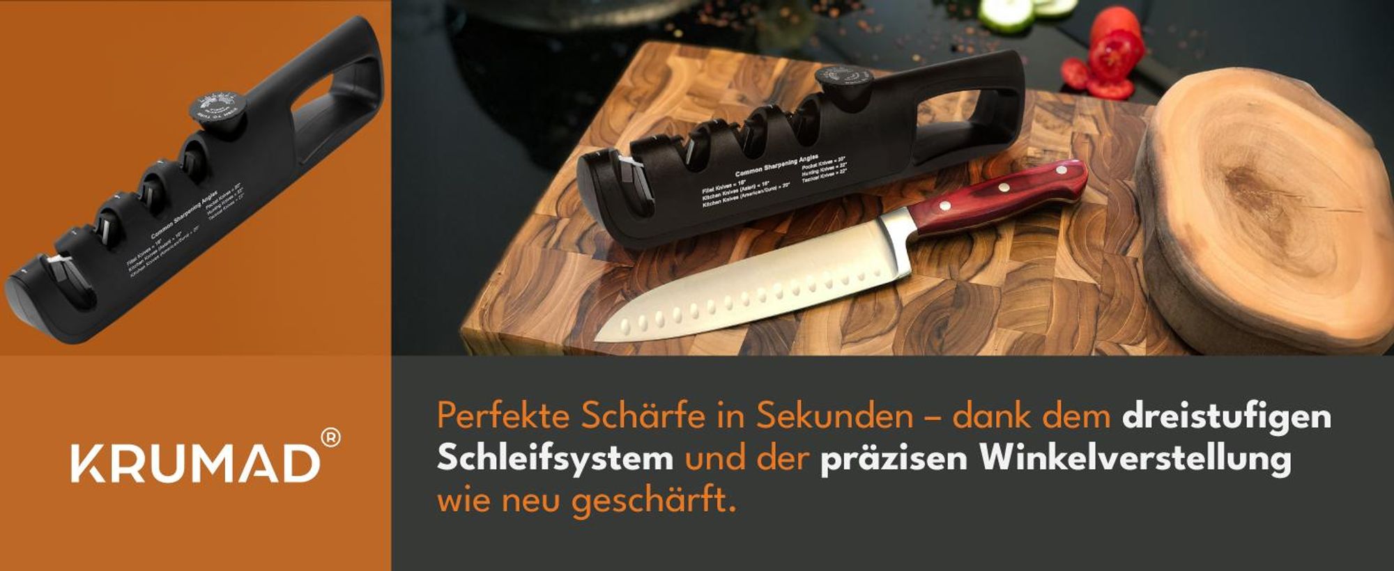 KRUMAD Messerschärfer 3-stufig, einstellbarer Winkel - Professionelle Schärfung für Küchenmesser, Outdoor-Messer, Klappmesser und Scheren