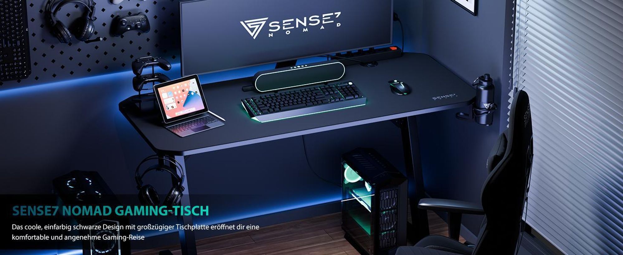 SENSE7 Nomad Classic Gaming Tisch - Schreibtisch 120x60 cm Inkl. XXL-Mauspad Computertisch PC Tisch Gamer Desk Zocker Tisch Kabelmanagement Schwarz