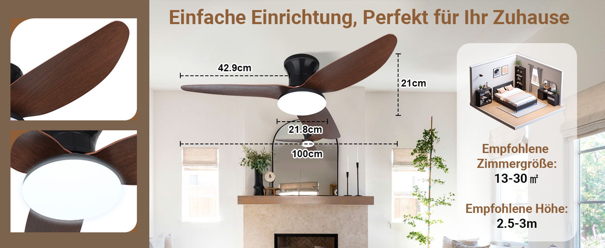 100cm Deckenventilator mit Beleuchtung und Fernbedienung DC Motor 3 Farbtemperatur Dimmbar 6 Stufen APP-Steuerung